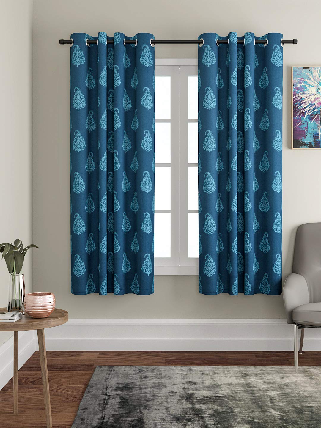 SOUMYA Cotton Paisley Grommet Window Curtain, Window - 5.25 Feet, Blue, Pack of 1, Grommets