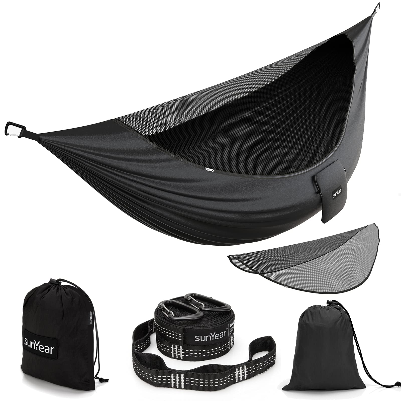 Sunyear Camping Hammock with Removable No See-Um Net, Double &amp; Single Portable Outdoor Hammocks Parachute Lightweight Nylon with Tree Straps for Adventures Hiking Backpacking