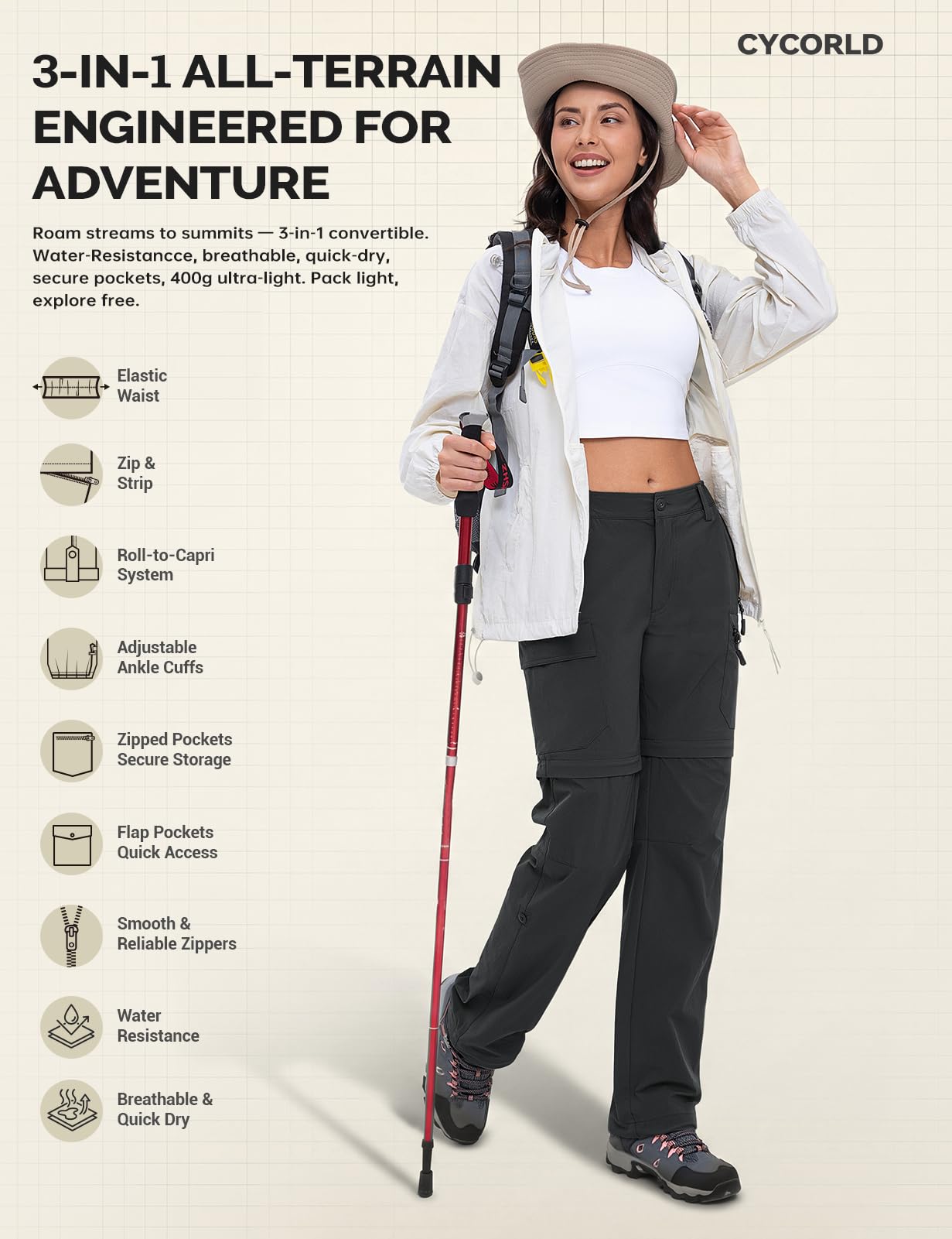 Cycorld, Pantaloni da Trekking, da Donna, Traspiranti, con Zip off, per attività all'Aria Aperta, Rimovibili, con 5 Tasche Profonde, per Escursionismo, Viaggi e Tempo Libero