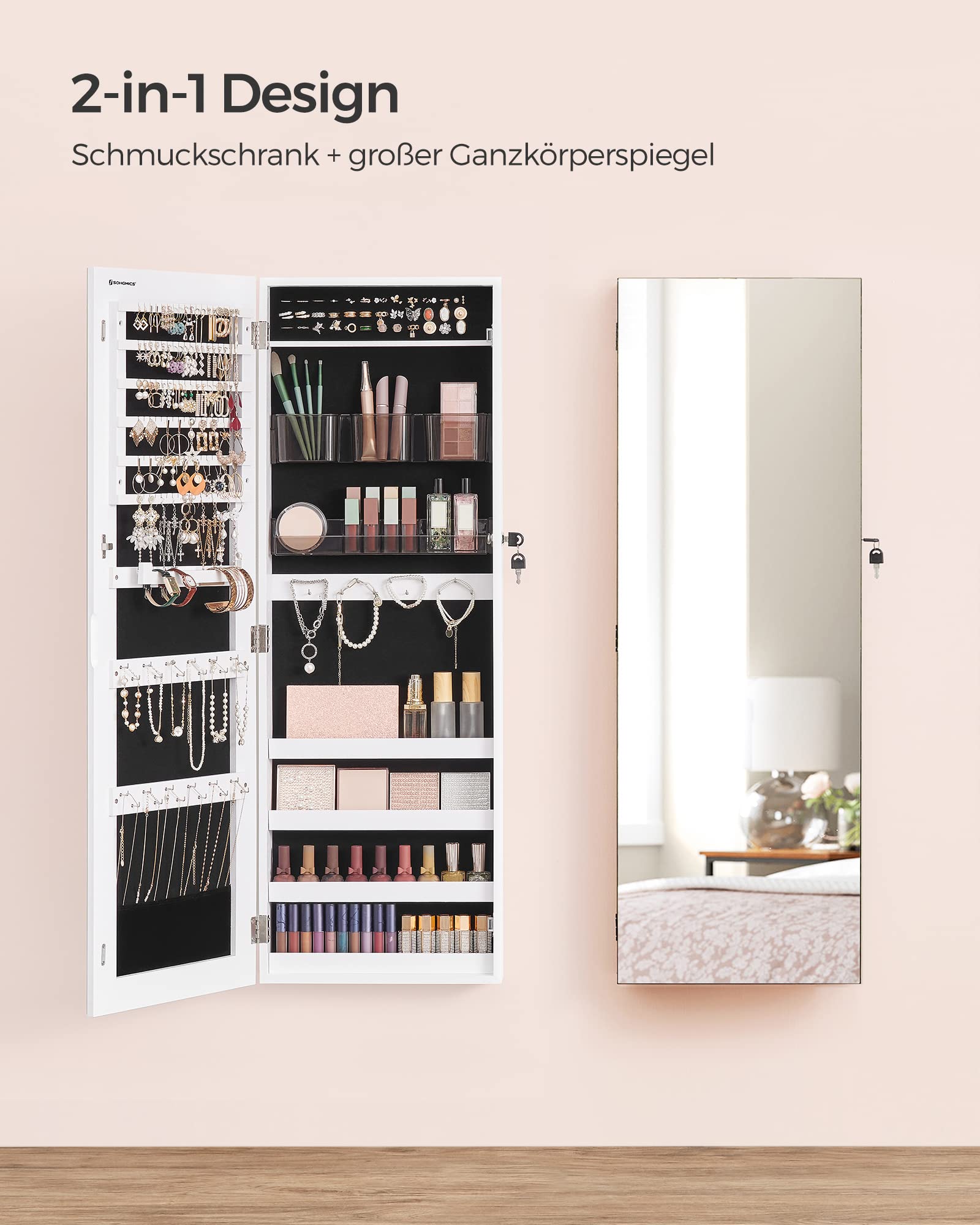 SONGMICS Schmuckschrank hängend, Hängeschrank, abschließbarer Spiegelschrank, Wandschrank mit rahmenlosem Ganzkörperspiegel und 2 separaten Make-up-Organizern, für Ketten, Ohrringe, weiß JJC001W01