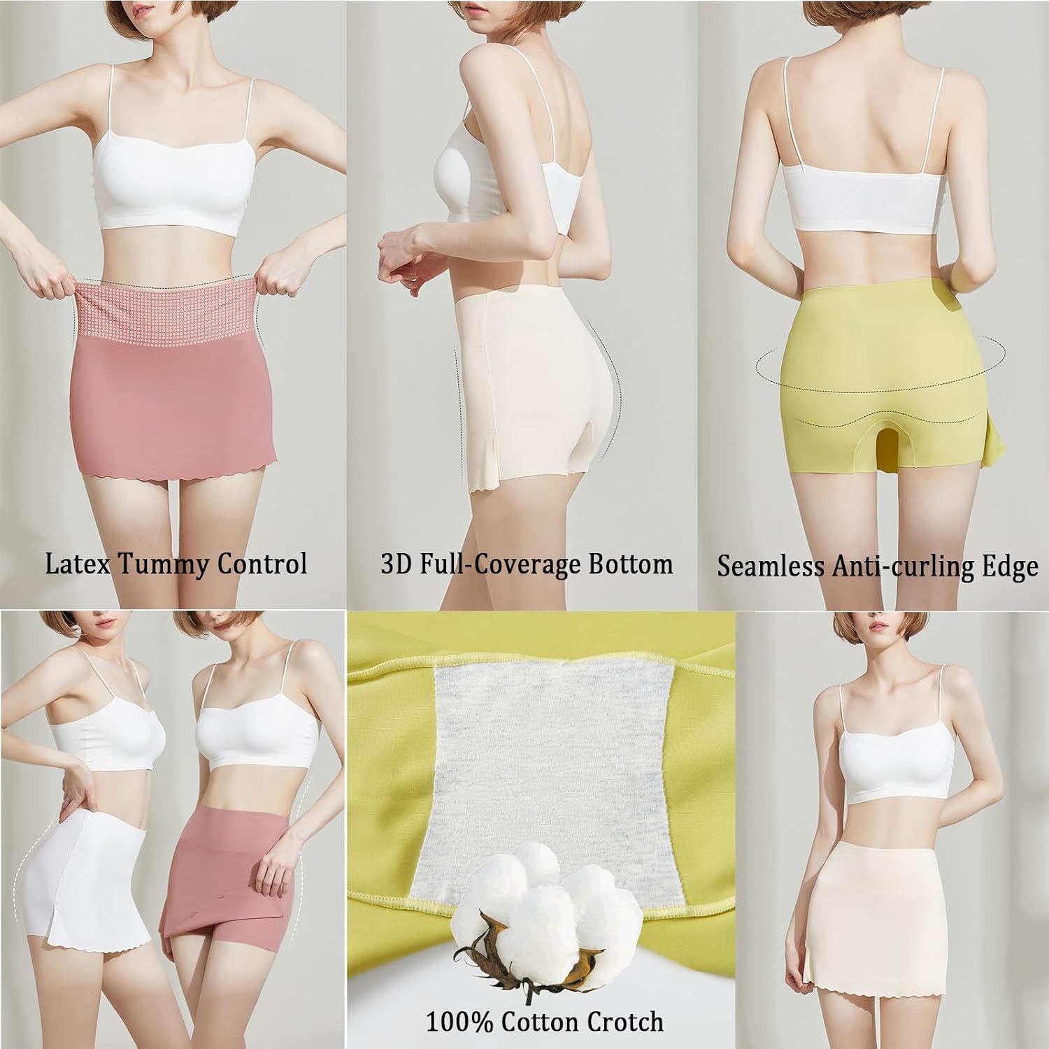 3Pcs Women Half Slip Shorts for Under Skirts Dresses Tummy Control Shorts Camel Concealer Underwear Anti-Exposure