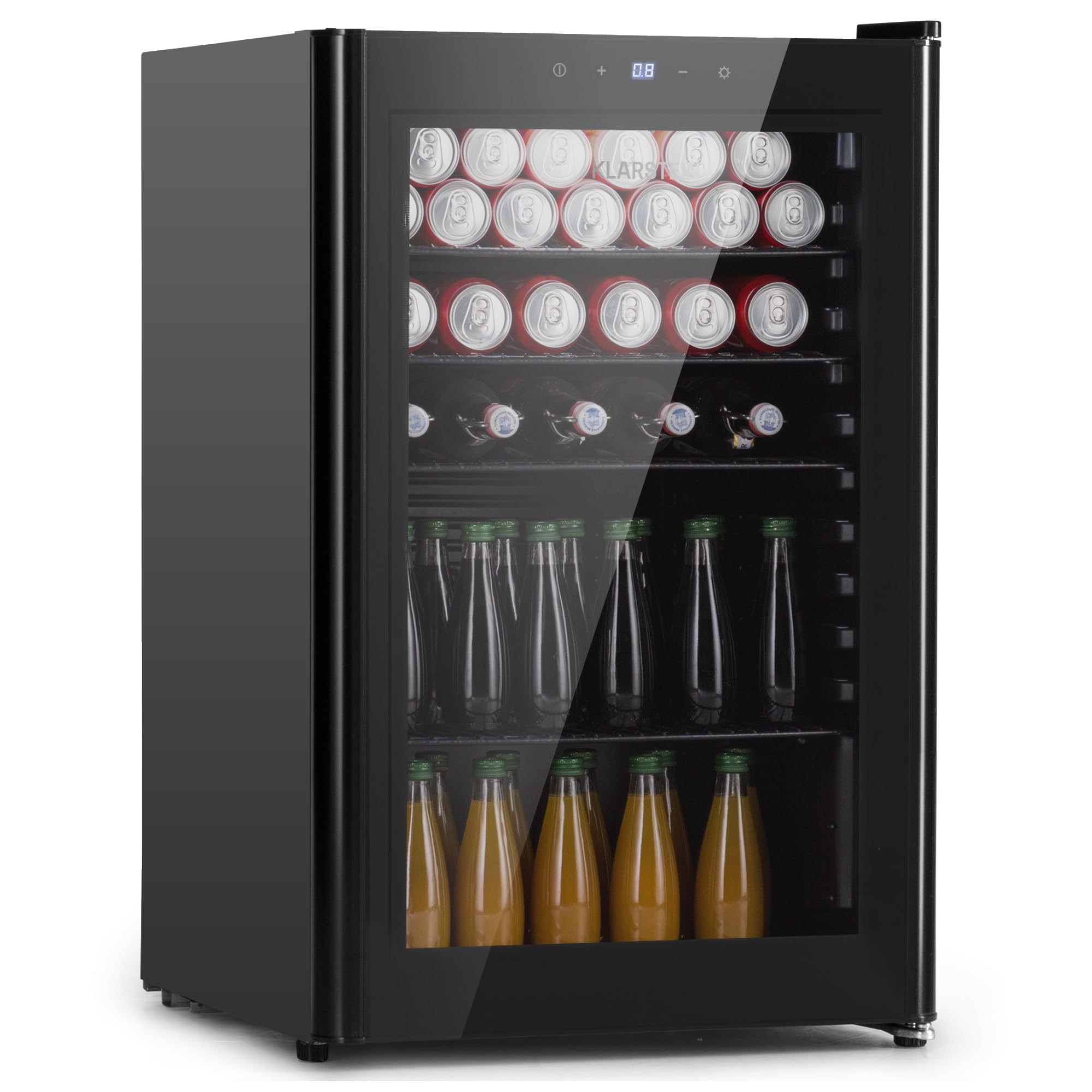 Klarstein Mininevera con puerta de cristal y led, mininevera para habitaciones, nevera pequeña para bebidas con 4 estantes extraíbles, nevera pequeña115L, nevera de interior/​exterior silenciosa,​0-​10°C