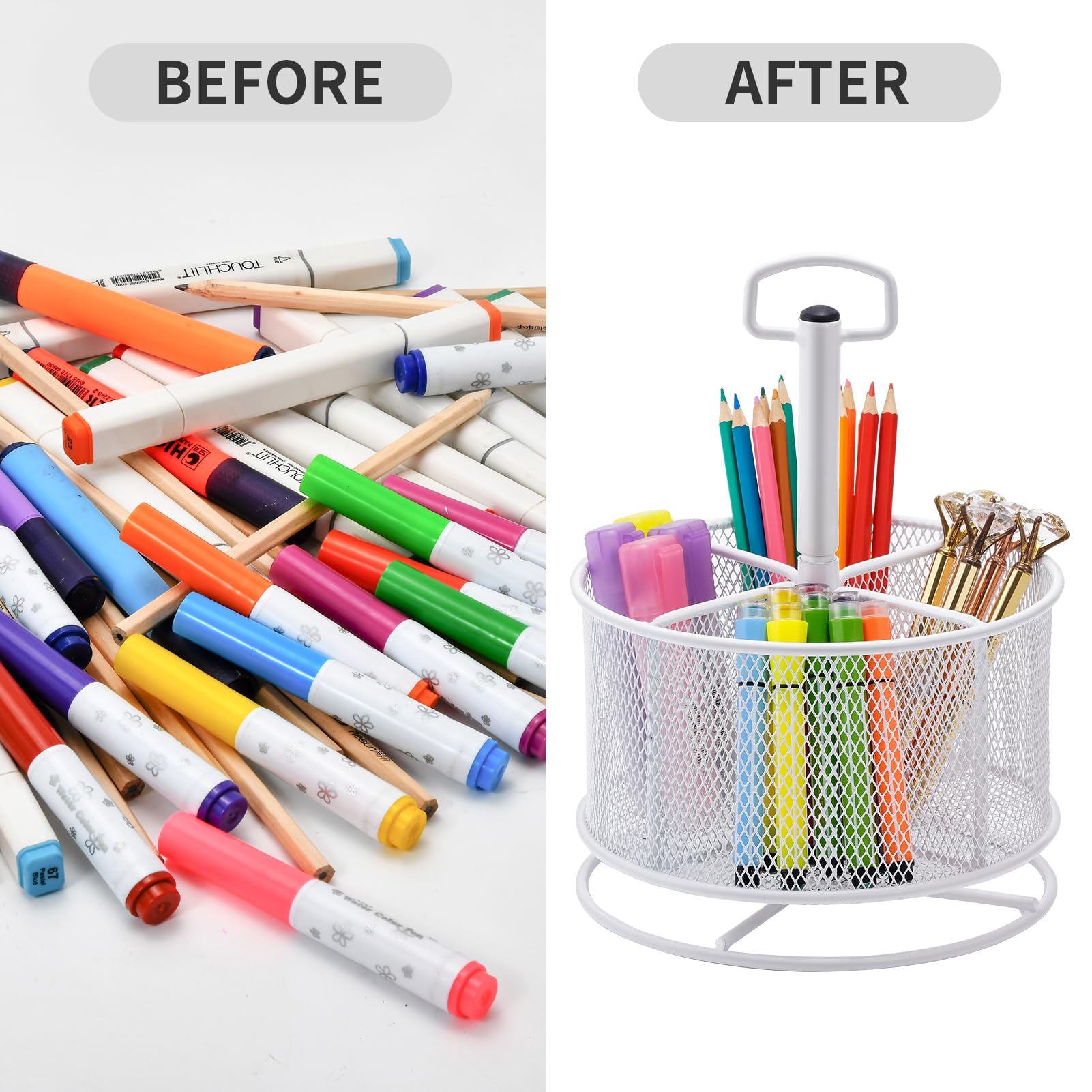 Marbrasse Organizer da scrivania in rete, portapenne multifunzione rotante a 360 gradi, 4 scomparti, organizer per cancelleria da scrivania, per casa e ufficio, scatola portaoggetti (bianco)