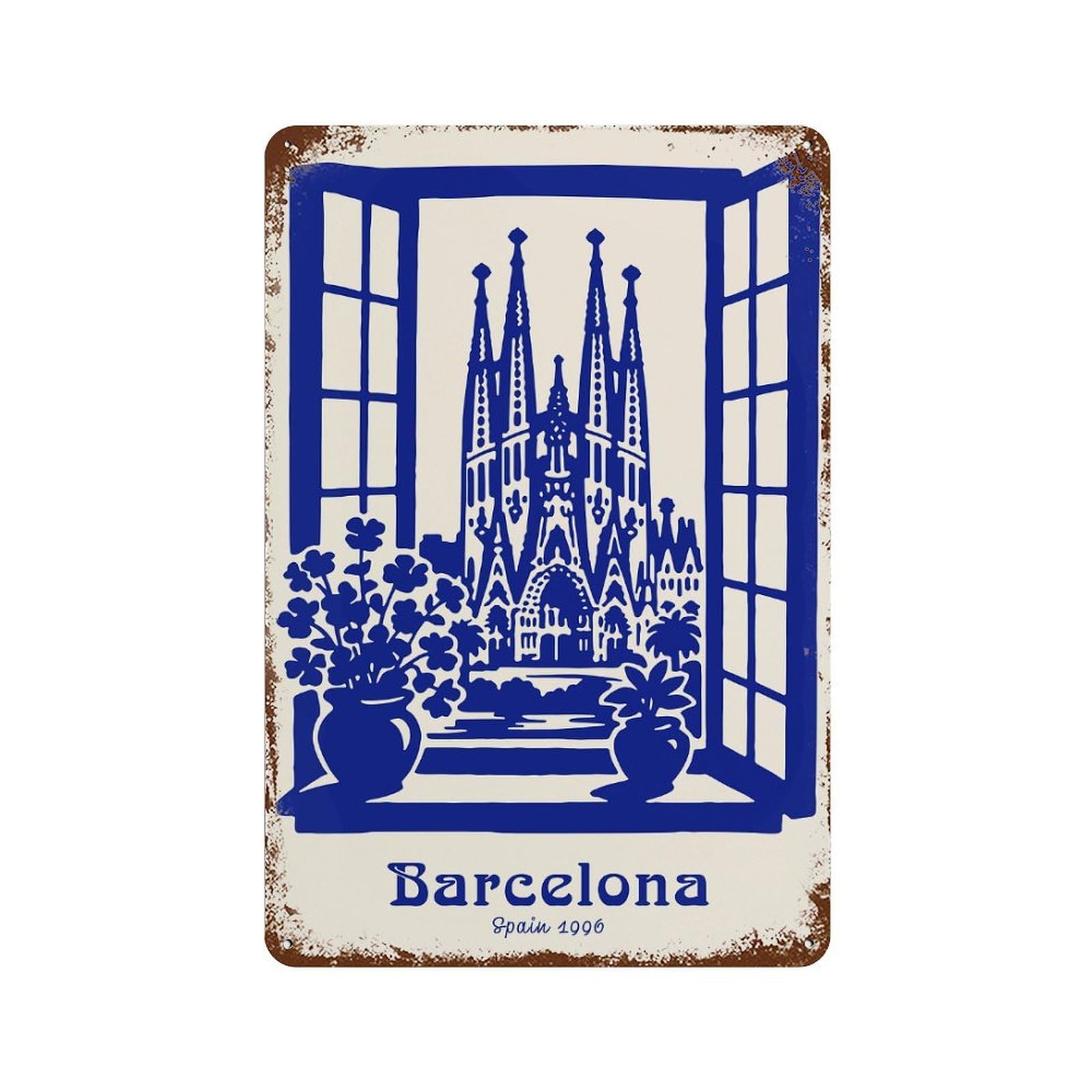 Rusty Metal Tin Sign with Barcelona, Spain 1906 Design 11.8"x7.9", for Farmhouse, Kitchen And Entryway Decor, Classic Wall Plaque
