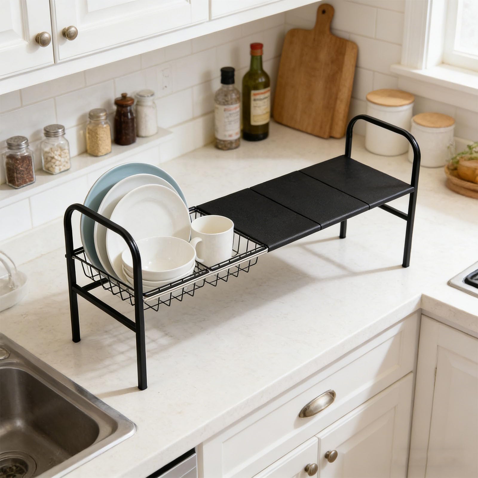 Estante de almacenamiento de cocina con 2 capas, 3 tablas y 3 cestas para organizar ollas, sartenes y utensilios, estante de almacenamiento que ahorra espacio