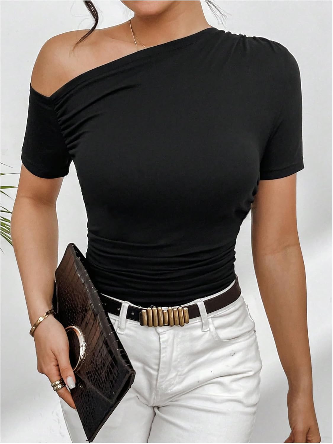 SOLY HUX Women's Off The Shoulder T Shirt Ruched Short Sleeve Slim Fit Tee Summer Going Out Tops - Image 3