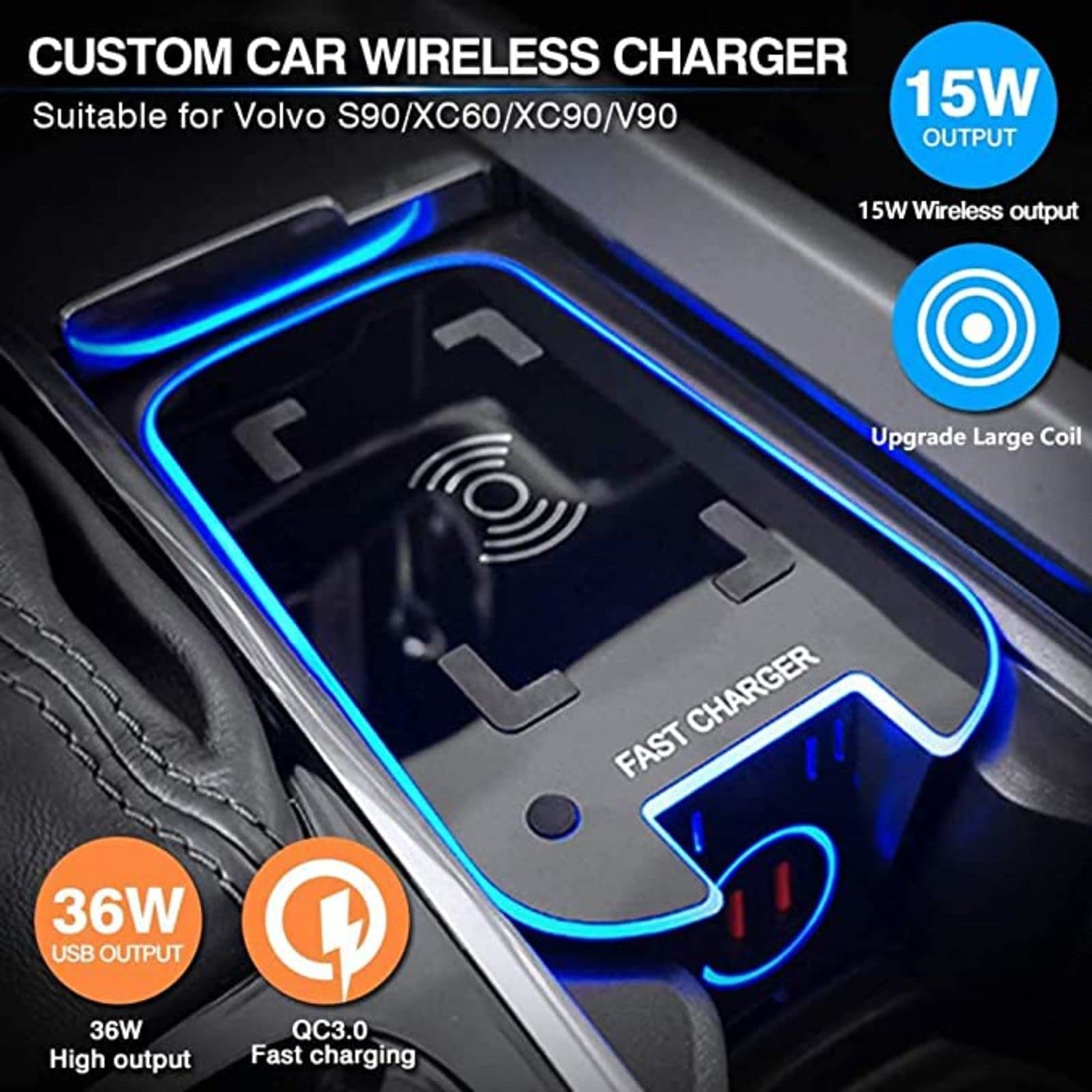 Caricabatterie Wireless Rapido Tappetino di Ricarica Wireless Veloce per Telefono da 15 W, per VO-L-VO XC90 2015-2020/XC60 2018-2020/S90 V90 2017-2020/V60 S60 2019 2020, Caricabatterie Wireless per C