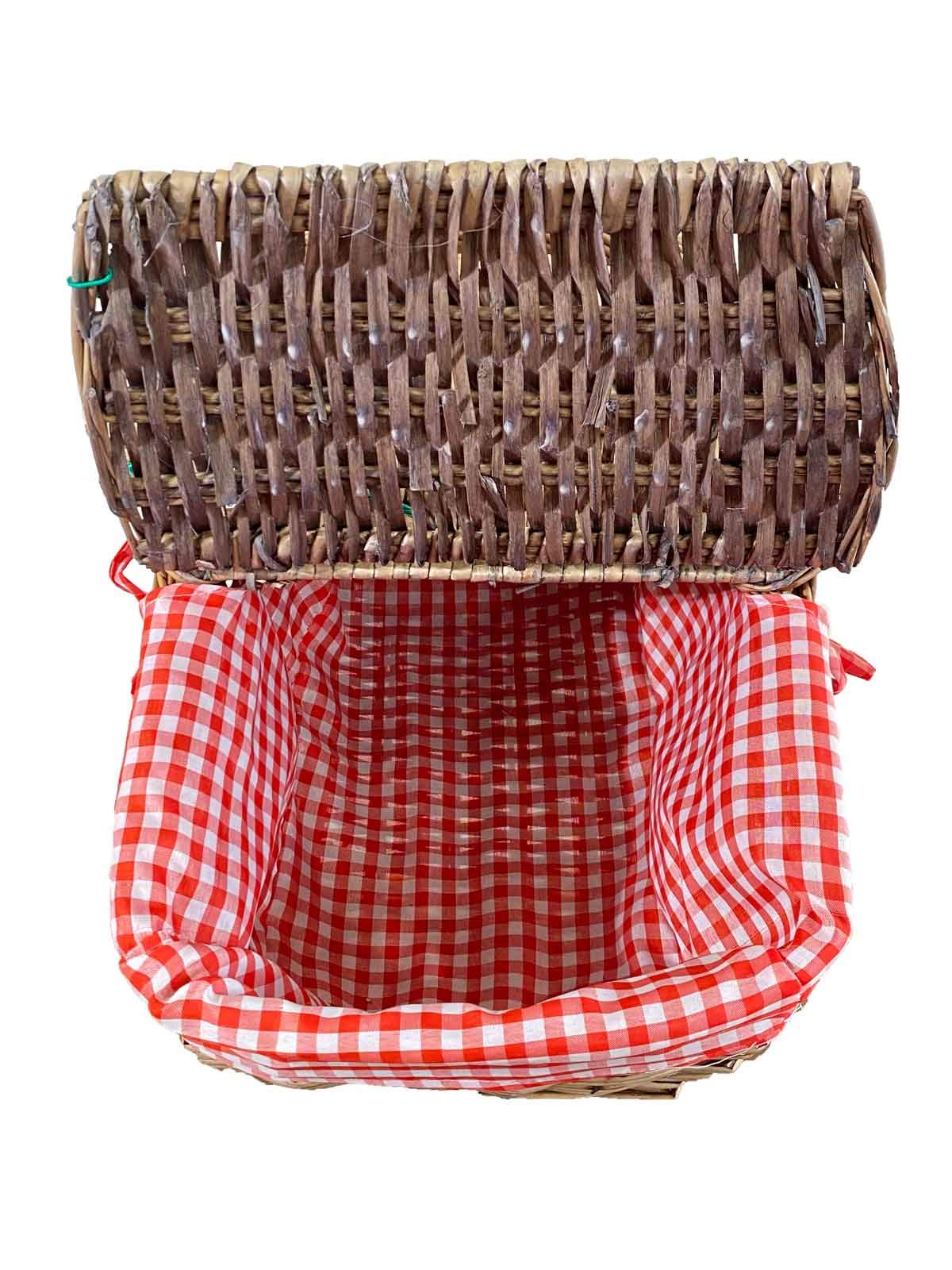 Cestino da pic nic in vimini SOSTY45 con manico fodera in cotone rimovibile picnic quadri bianchi e rossi per feste barbecue cm.42x35 h20