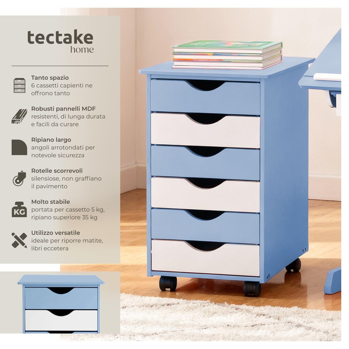 tectake® Cassettiera Ufficio con Ruote 65x36x40cm, Cassettiera Scrivania, Mobiletto salvaspazio 6 Cassetti, Organizer cancelleria, Cassetti Scrivania, Mobiletto con Ruote per Ufficio, Studio - Blu