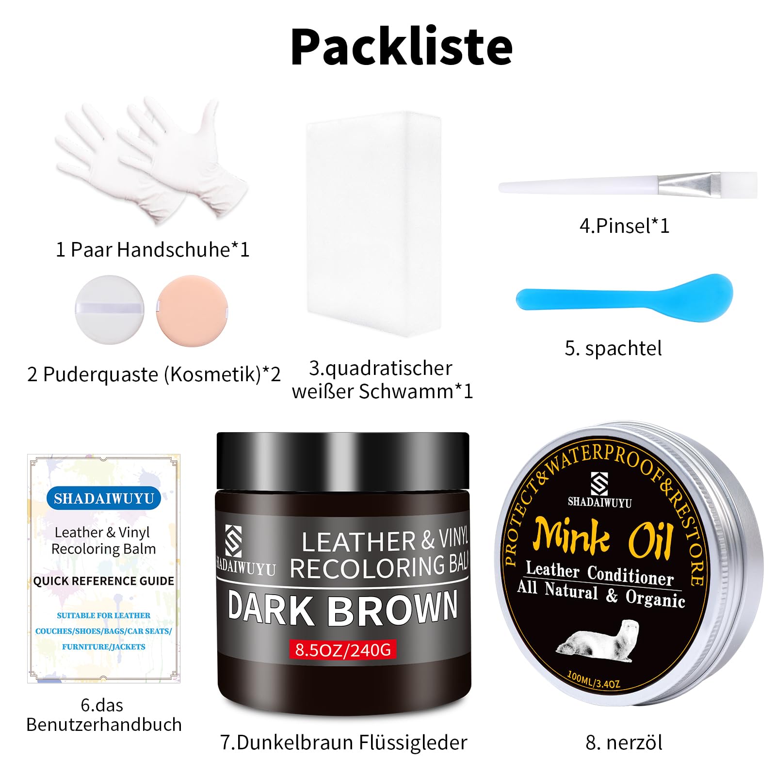 240g Lederpflege Auto mit Lederfett(100ml),Leder Reparatur Set Dunkelbraun,Flüssigleder,Lederfarbe,Kunstleder Reparaturset zum Reparieren von Sofas,Vinylmöbeln,Autositz bei Verblassen und Kratzer