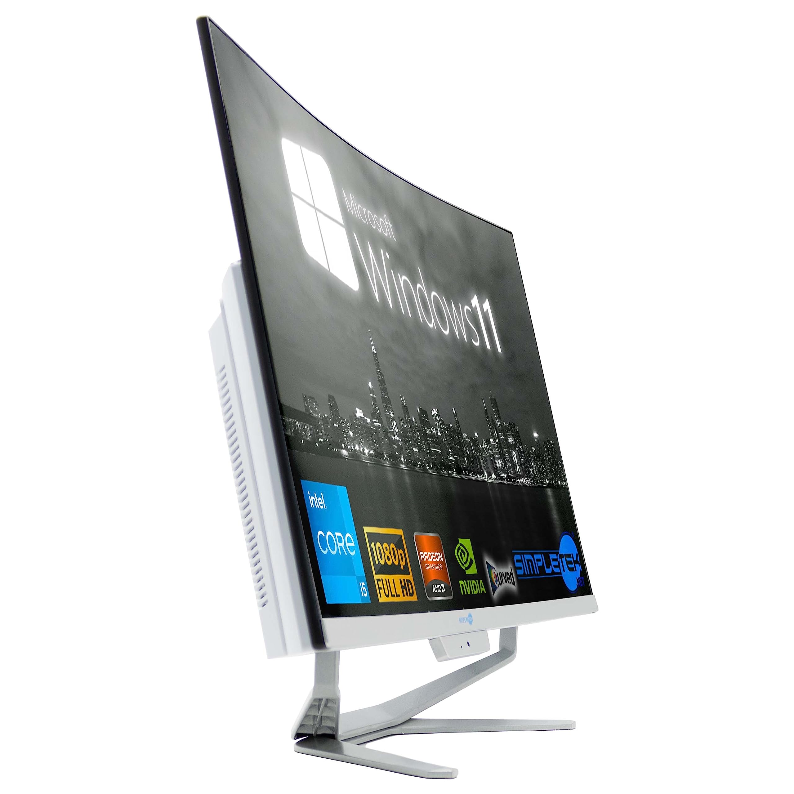SIMPLETEK – Ordinateur tout-en-un 27" incurvé | Processeur Intel i5 10 Gen | Carte vidéo GT710 1 Go | Windows 11 | 16 Go RAM 480 Go SSD | Idéal pour les graphiques, les jeux, le travail