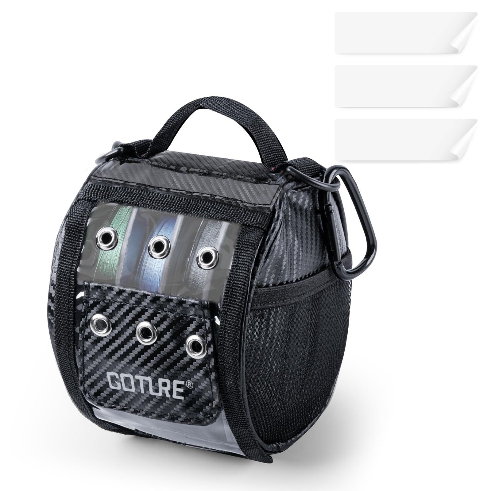 Goture 3/6 Outlet Holes Fishing Line Storage Bag, 2 Sizes Clear View Window Fishing Line Case, Removable Divider Fishing Line Organizer, Water-Resistant Surface, Tangle-Free Leader Line Spool Bag