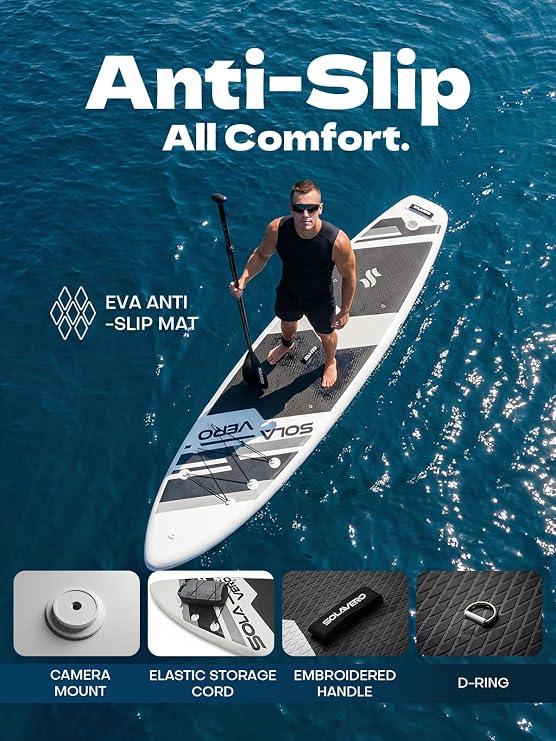 SOLAVERO 11'Inflatable Stand Up Paddle Board Kit, Premium Paddleboard for Adults & Youth, Ultra-Light SUP Board with All Accessories for All Skill Levels, Stable iSUP for 2 People, Maximum Load 200 kg