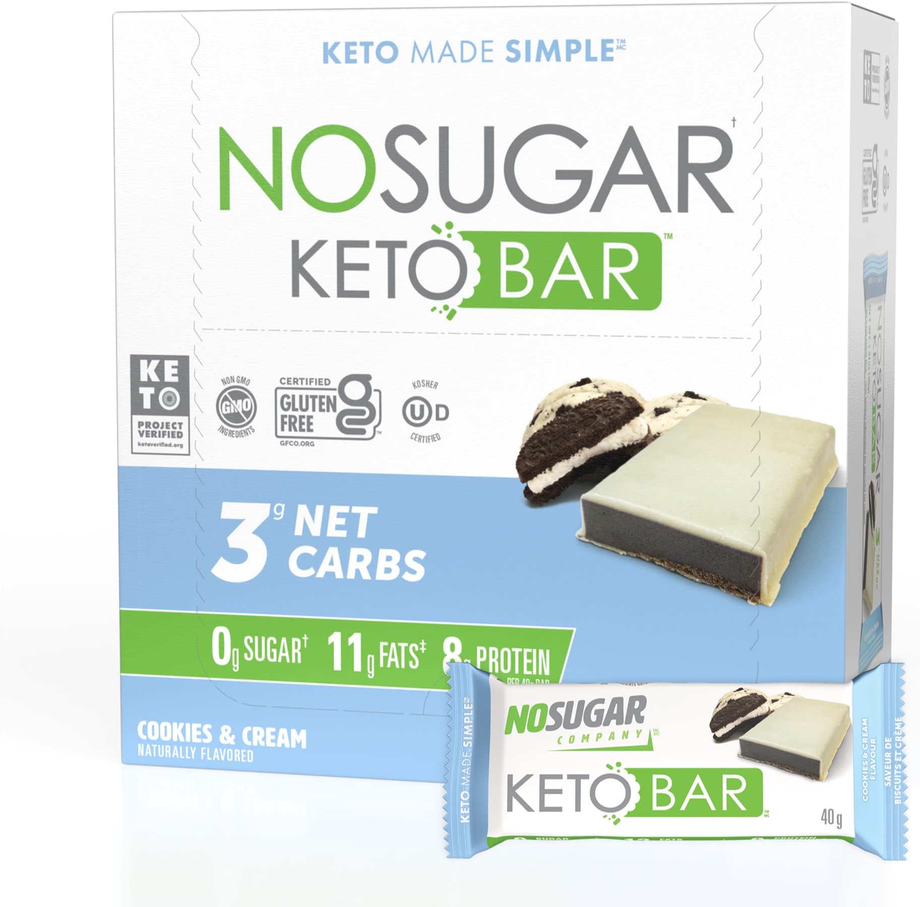 No Sugar Keto Bar Snack - Low Carb No Sugar Keto Snack Food with Keto Friendly Macros (12 x 1.41oz Bars, Cookies and Cream)