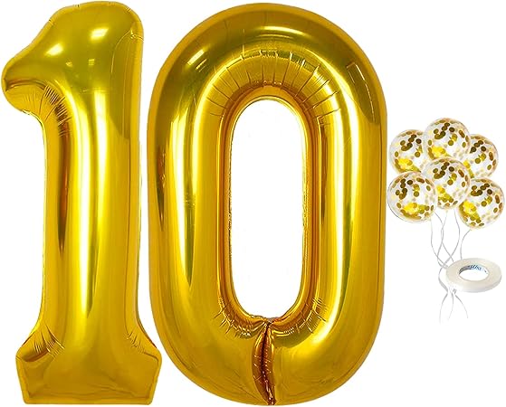 Amazon ゴールドナンバー10 バルーン 紙吹雪バルーン Lサイズ 40インチ マイラー製 10歳の誕生日に ゴールド紙吹雪バルーン5個 12インチ 10歳の誕生日デコレーション 女の子向け 10周年記念デコレーション 風船 バルーン おもちゃ