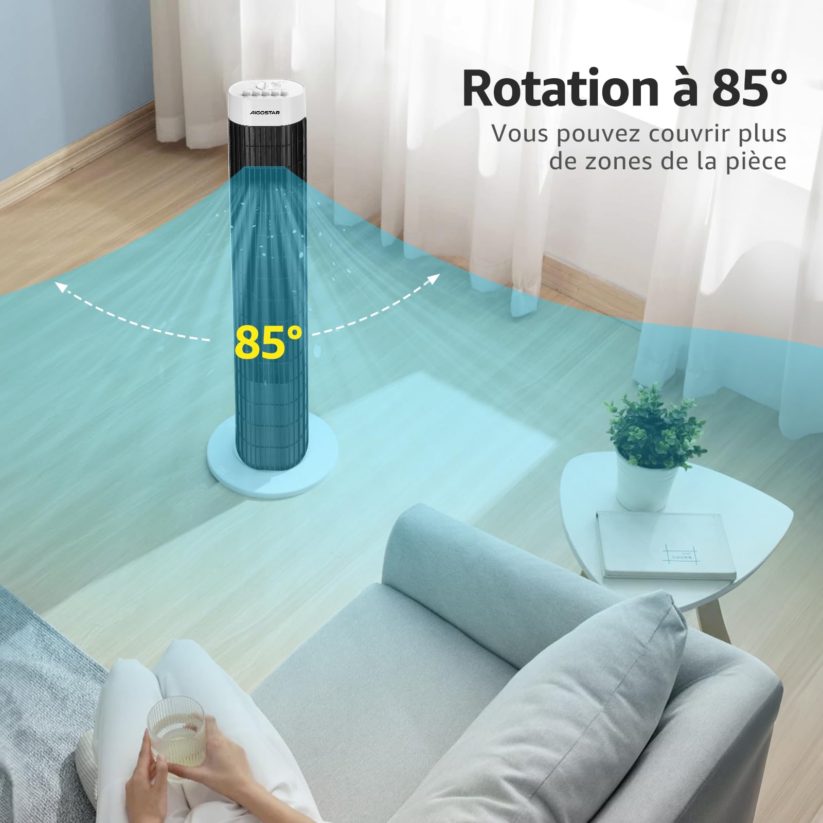 Aigostar Ventilateur Colonne Silencieux 76cm, 3 Vitesses Puissantes, Oscillation 85°, Minuterie 120min, Économique 45W avec Poignée Intégrée, Noir & Blanc pour Chambre/Salon/Bureau-Ben