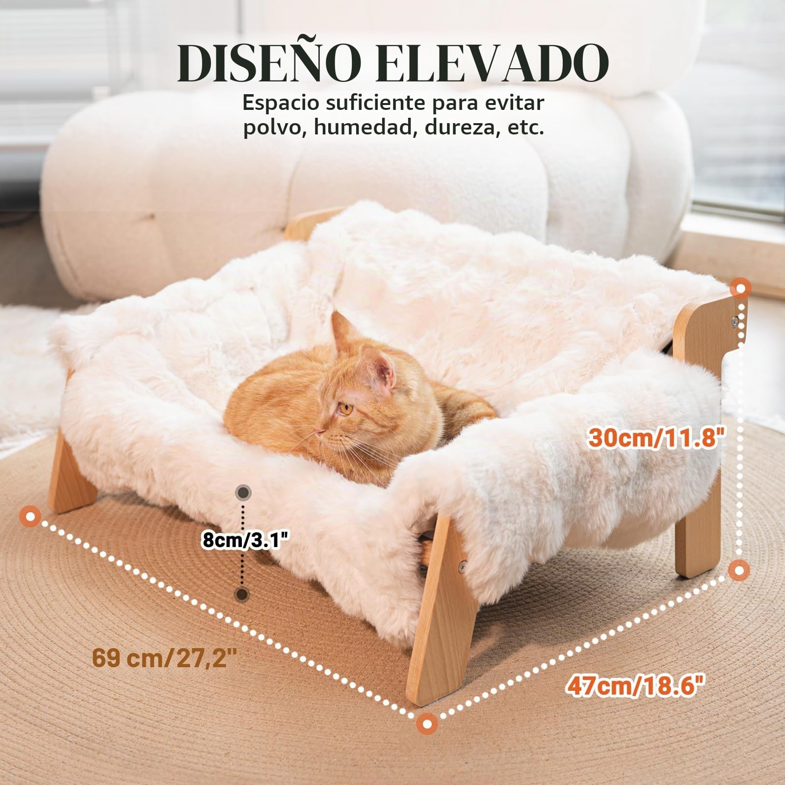 CheerPals Cama elevada para gatos de madera de haya, 70x47 cm Gran sofá para gatos, silla para gatos con cubierta de felpa extraíble y lavable (relleno de algodón), soporta hasta 15 kg, para dormir