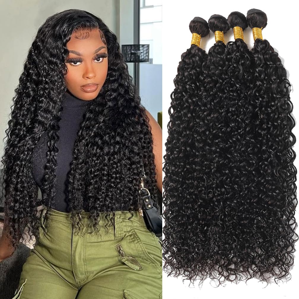 Borchan Water Wave 4 Bundles Human Hair 24 26 28 30 Inch Unprocessed Brazilian Water Curly Wave Bundles Human Hair Extensions Natural Black Color