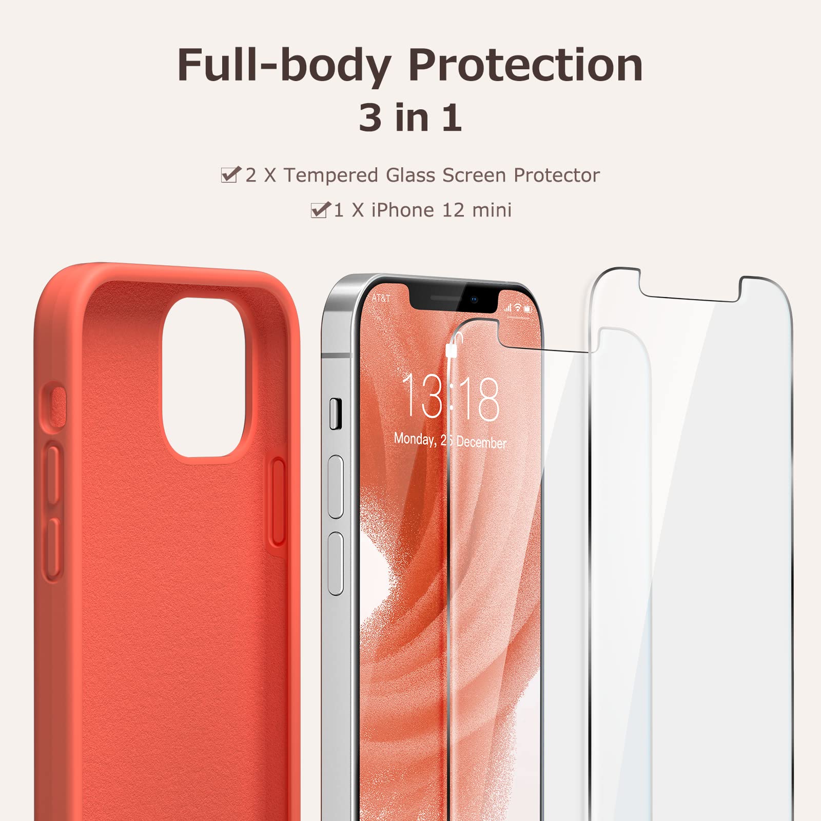 GOODVISH 3 in 1 Cover in Silicone per iPhone 12 Mini 5,4", con 2 Pezzi di Pellicola Protettiva, Silicone Liquido Custodia per Cellulare con Morbida Microfibra Antiurto,Rosso-Arancio