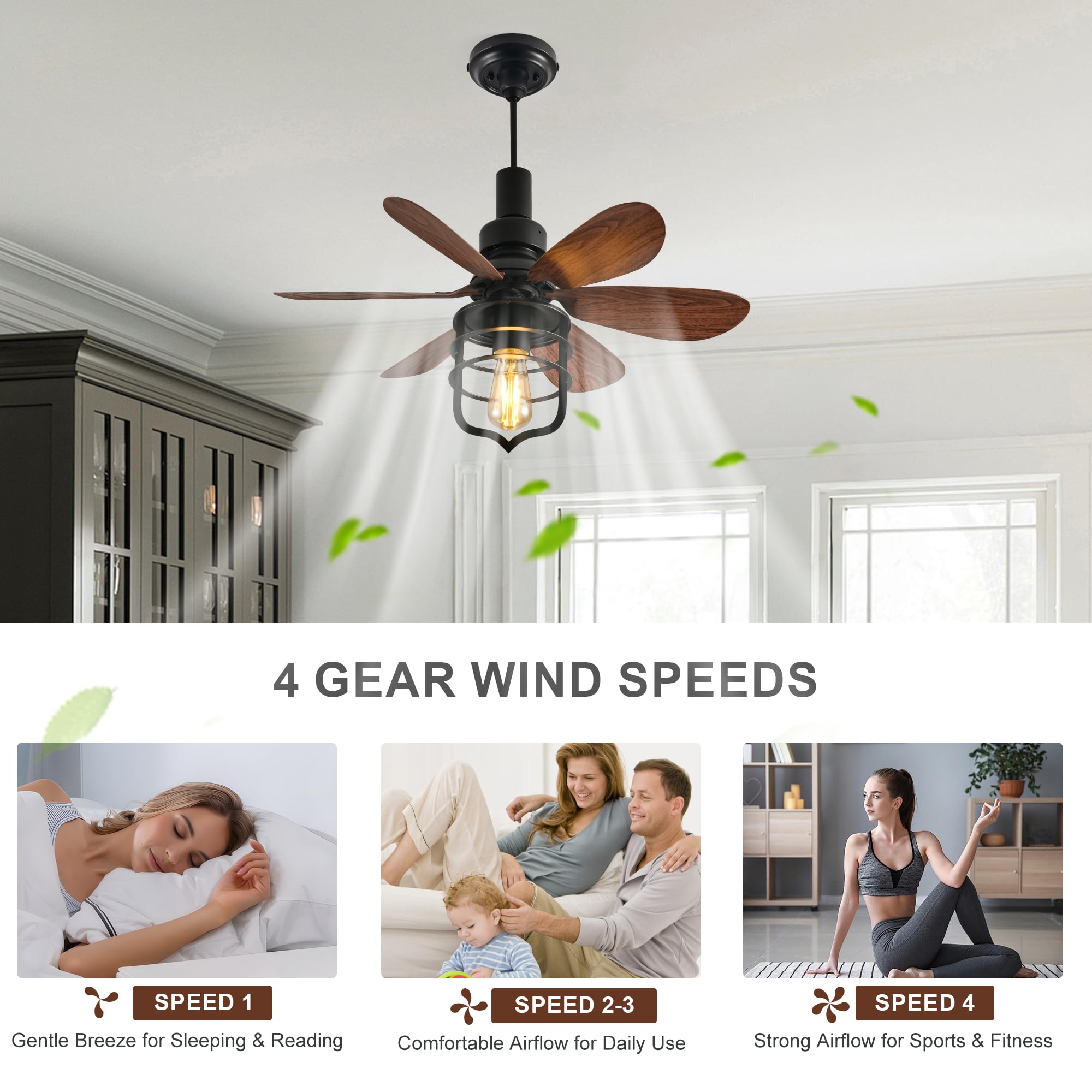Ganeed Klein Schraube-in Deckenventilator mit Licht und Fernbedienung Decke Lampe mit Ventilator Industrie-Stil Licht Ventilator E27 Fassung für Klein Schlafzimmer Waschküche Lager Garage Schwarz