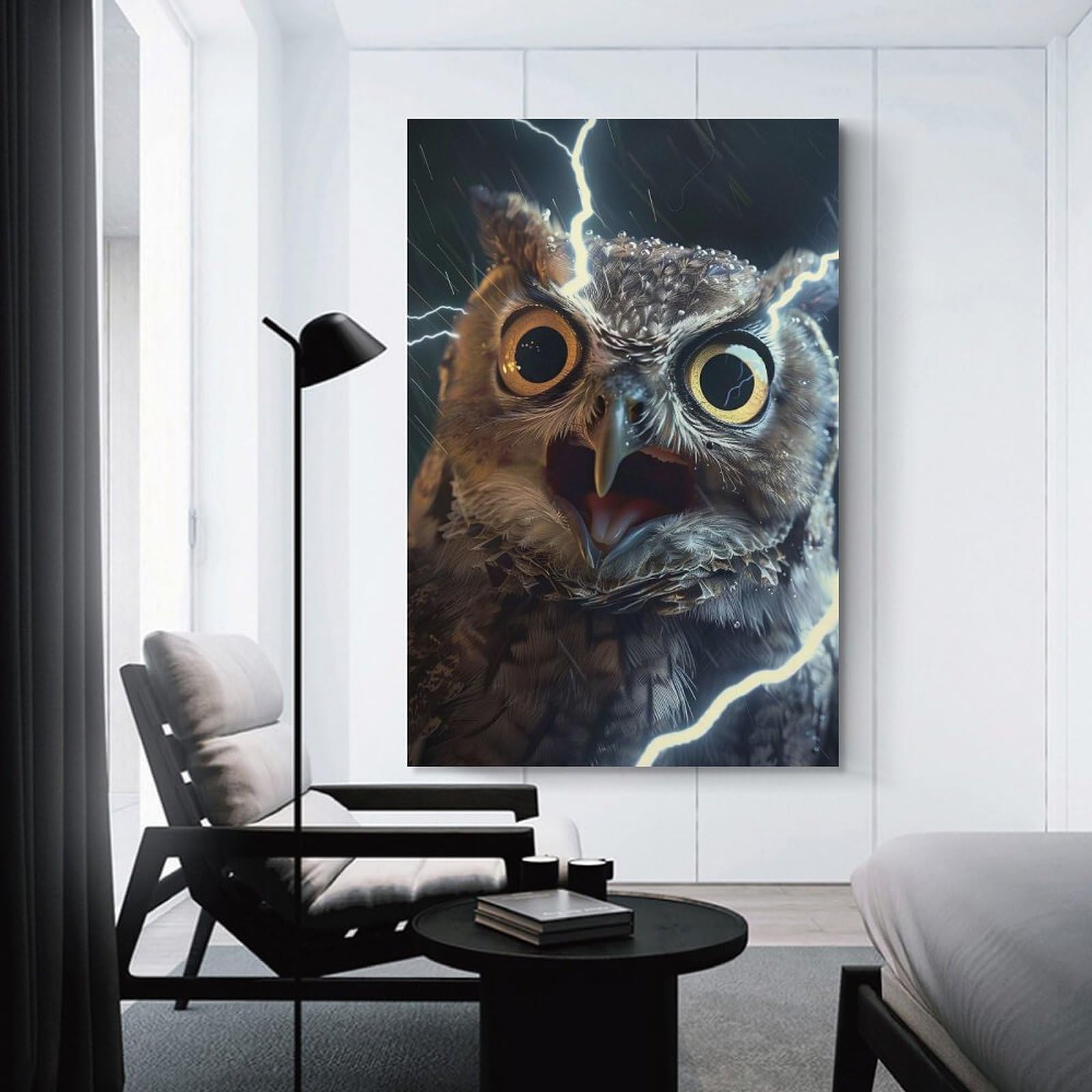 Junmoney Owl Lightning Hanging Wall Art 20x30inch(50x75cm), for New Homes, Bedrooms Or Workspaces, Thoughtful Wall Decor for Art Lovers