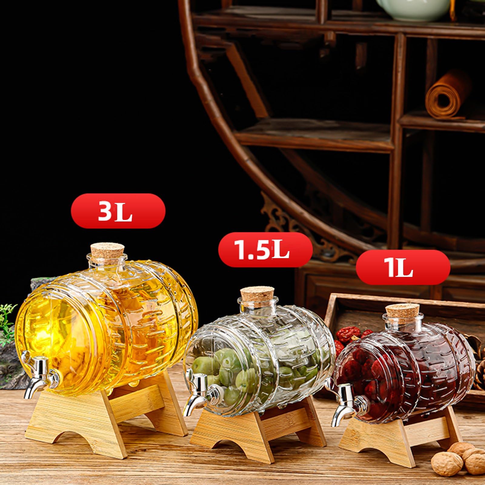 Szklany dozownik napojów, 1 l / 3 l / 5 l Dozowniki napojów lodowych z kranikiem i drewnianym stojakiem, dozownik wody do lodówki na imprezę (3 l)