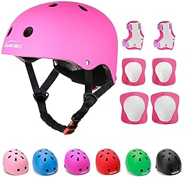 KAMUGO Kids Adjustable Helmet, with Sports Protective Gear Set Knee Elbow Wrist Pads for Toddler Age 3-8 Boys Girls, Bike Skateboard Hoverboard Scooter Rollerblading Helmet Set (DarkPink)