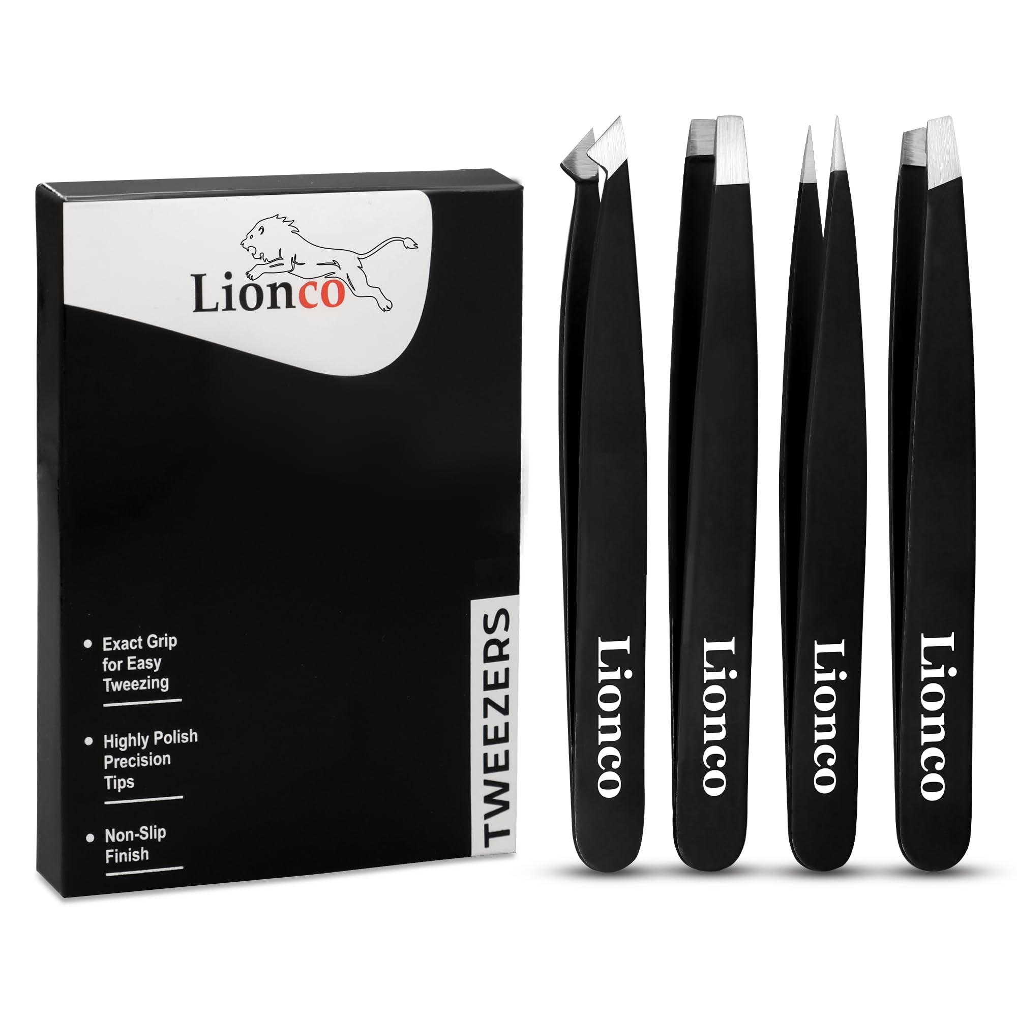 LIONCO Professionelles 4-teiliges Pinzetten-Set für Damen und Herren – Augenbrauen- und Gesichtshaarentfernungs-Set aus Edelstahl – inklusive schräge, spitze, flache und abgewinkelte Pinzette für