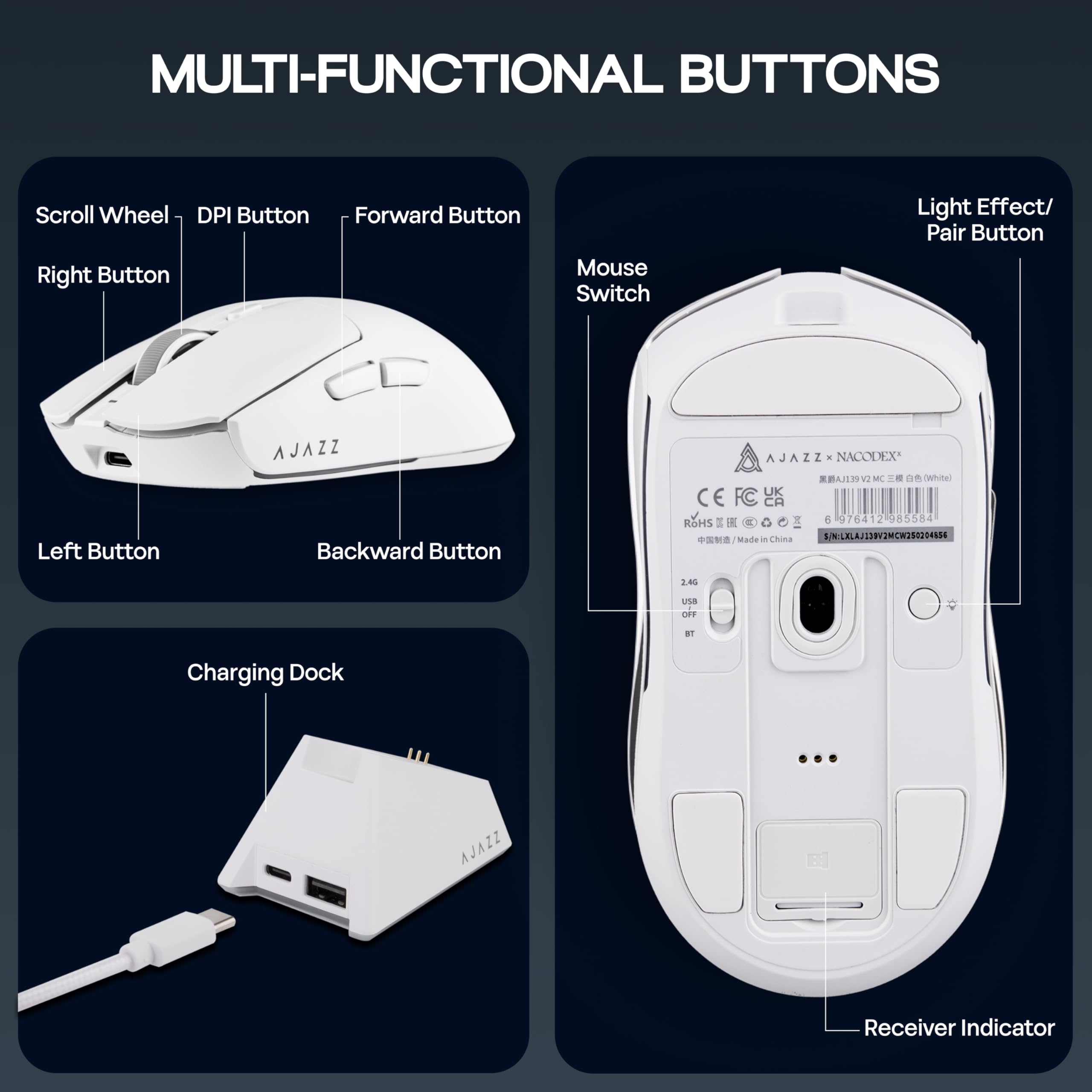 MechLands AJAZZ AJ139 V2 MC Mouse da gioco con base di ricarica, regolabile 12.000 DPI, sensore PAW3311, mouse wireless a 3 modalità, batteria da 500 mAh, frequenza di polling 1000, peso leggero 66 g