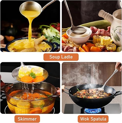 Miniatura 2 de Wok Cucharón y espátula, juego de cucharón wok de acero inoxidable, 3 cucharones largos de cocina, espátula de metal con mango de madera, juego de
