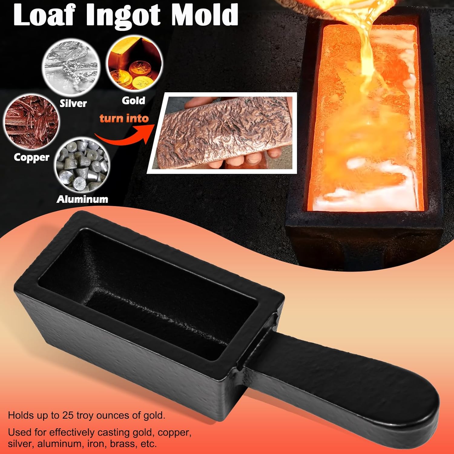 25 oz Troy Ounce Gold Bar Loaf Cast Iron Ingot Mold Perfect for Custom Smelting Pouring Melting Casting Refining Gold Silver Copper Aluminum Brass Precious Metals thumbnail