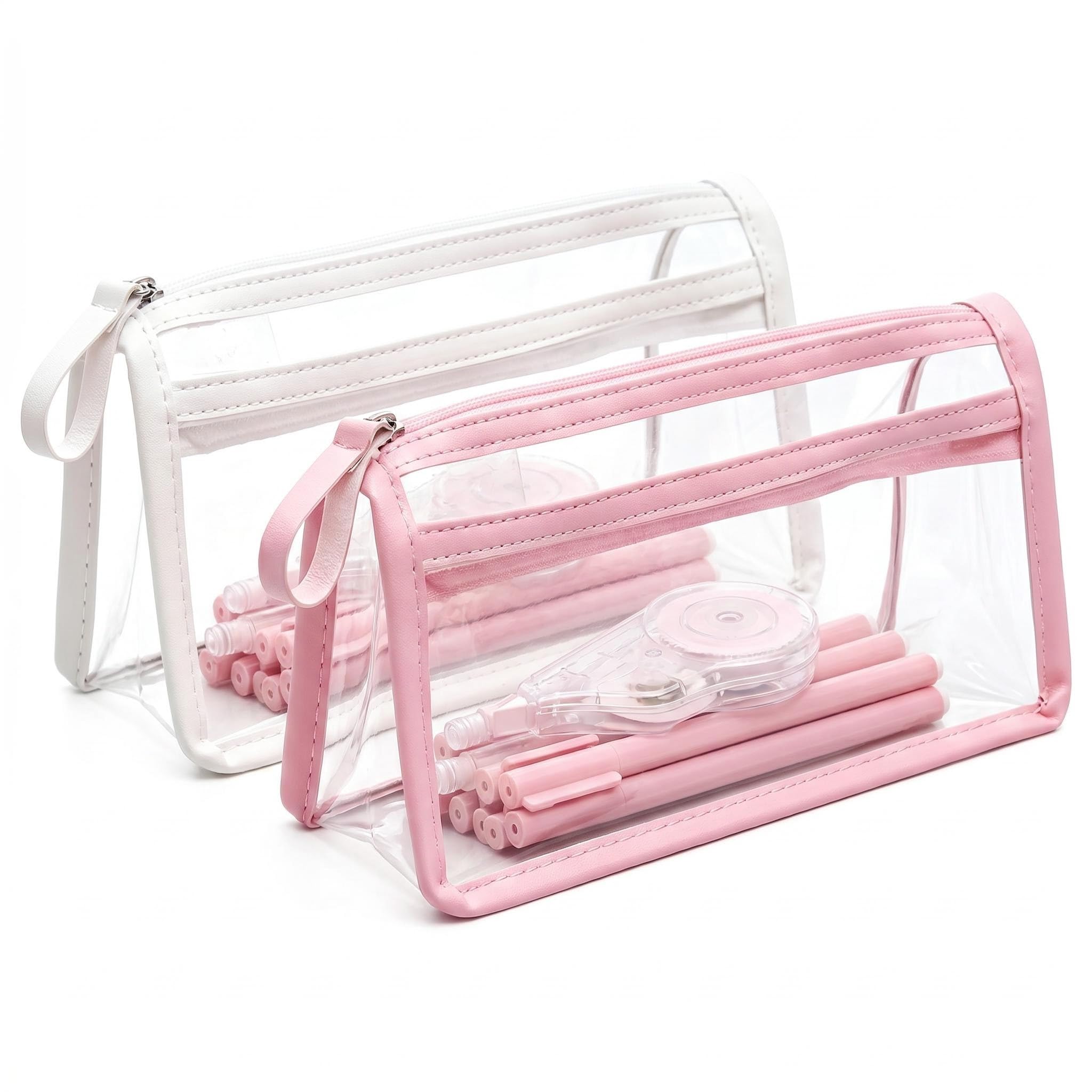 Cosiesnest 2PCS Clear Pencil Case, Transparent Pencil Cases, Pink Pencil Case, See Through Pencil Cases, Waterproof Transparent Stationery Bag for School, Exam, Office & Daily Use (White & Pink)