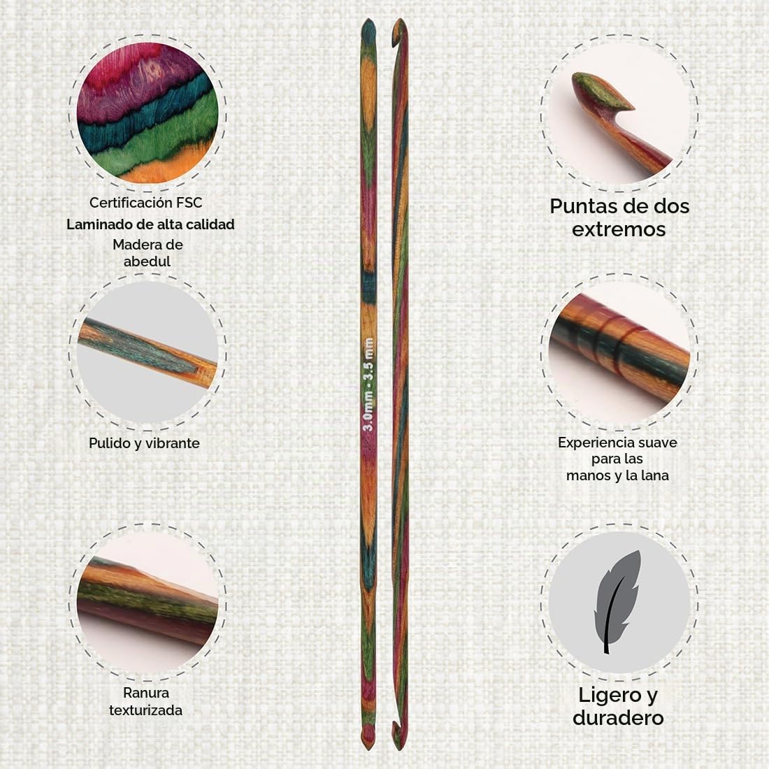KnitPro Set de Agujas de Ganchillo - Symfonie, Madera de Doble Punta 3-3.5, 4-4.5, 5-5.5, 6-6.5 y 7-8mm