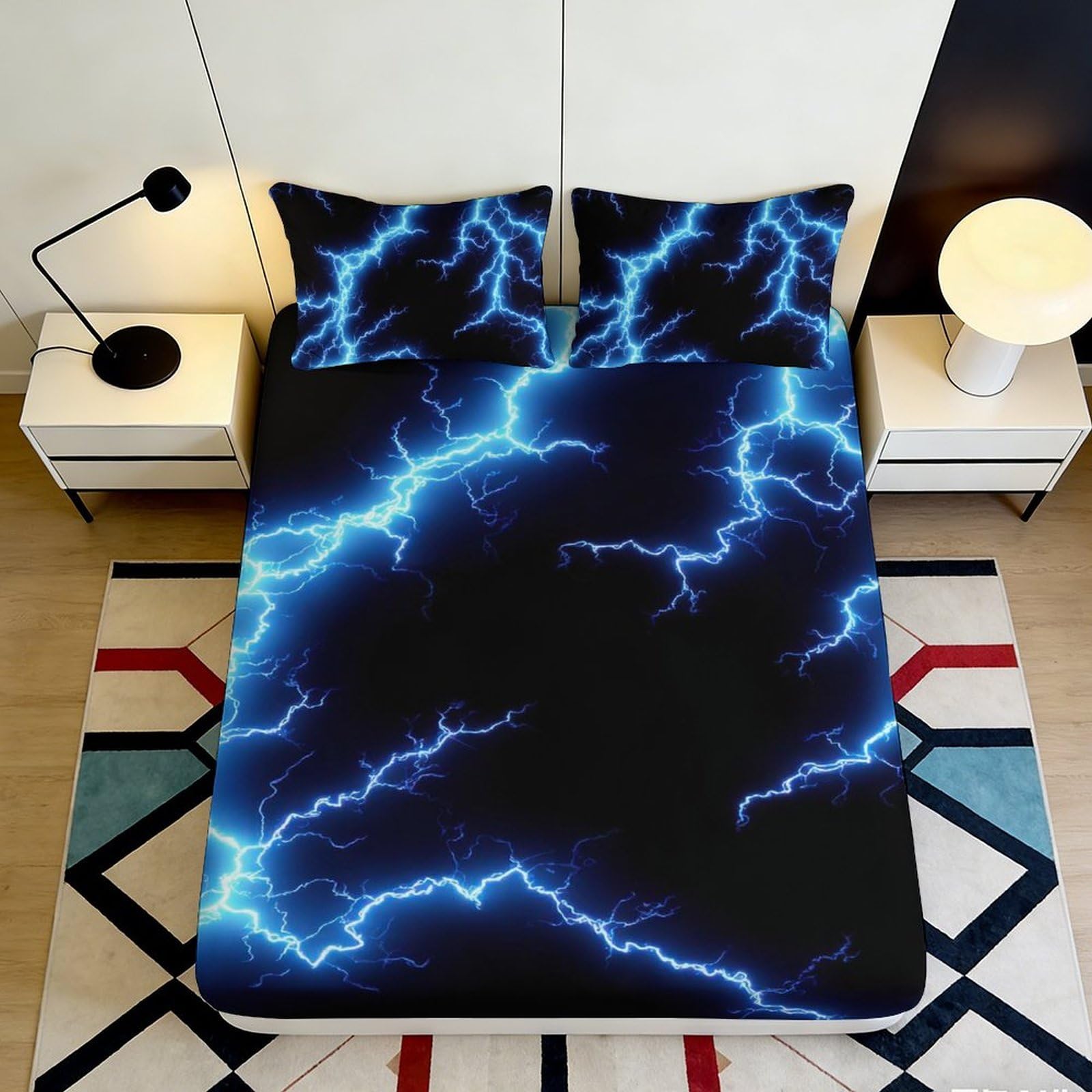 3D Printed Electric Lightning Fitted Sheet Microfiber Blue Thunder Mattress Cover Anti-Slip Bedroom Dorm Decor Easy Care 160x200x25cm