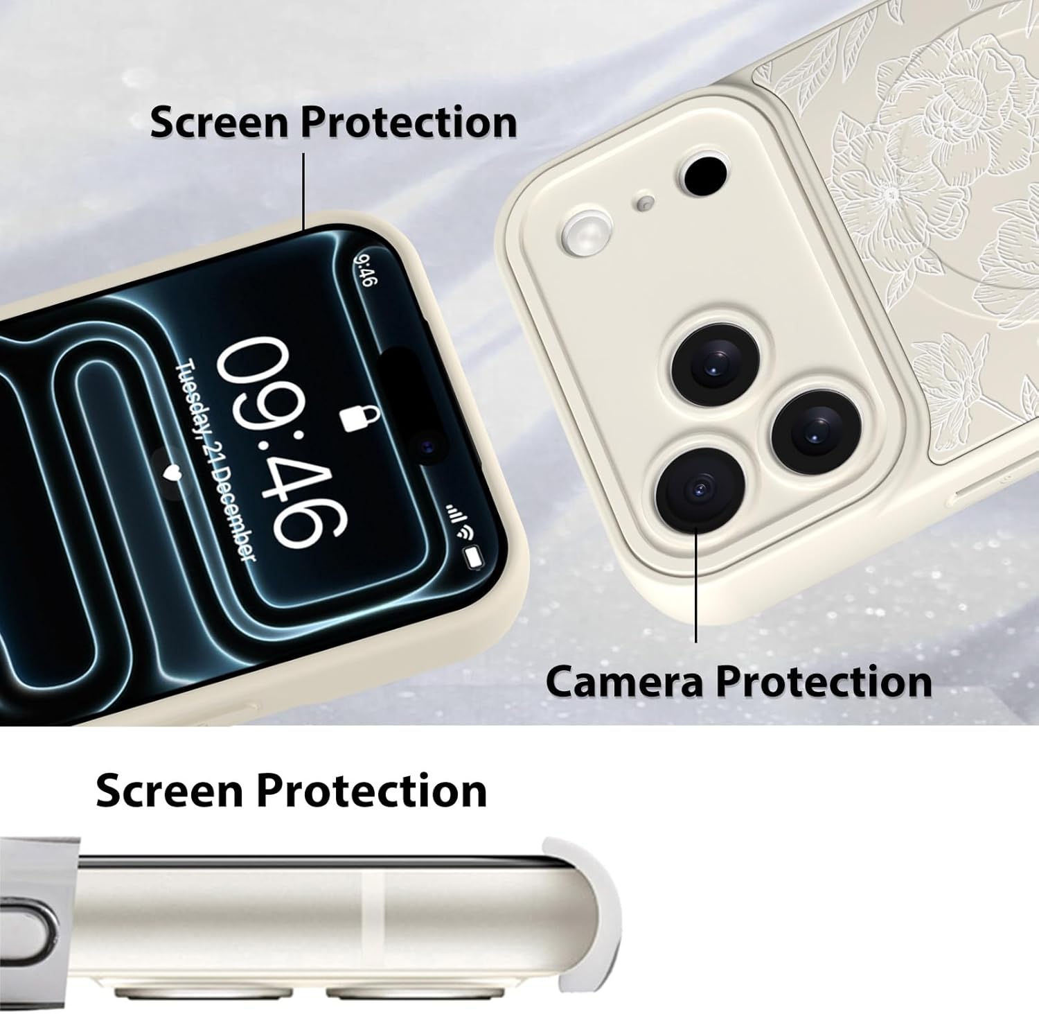 MZELQ for iPhone 17 Pro Max Case, Silicone Rose Floral Flower Cute Pattern, Support for MagSafe, Kickstand Wristband Camera Protection Soft Slim Phone Case for Girls Women -White - Image 4