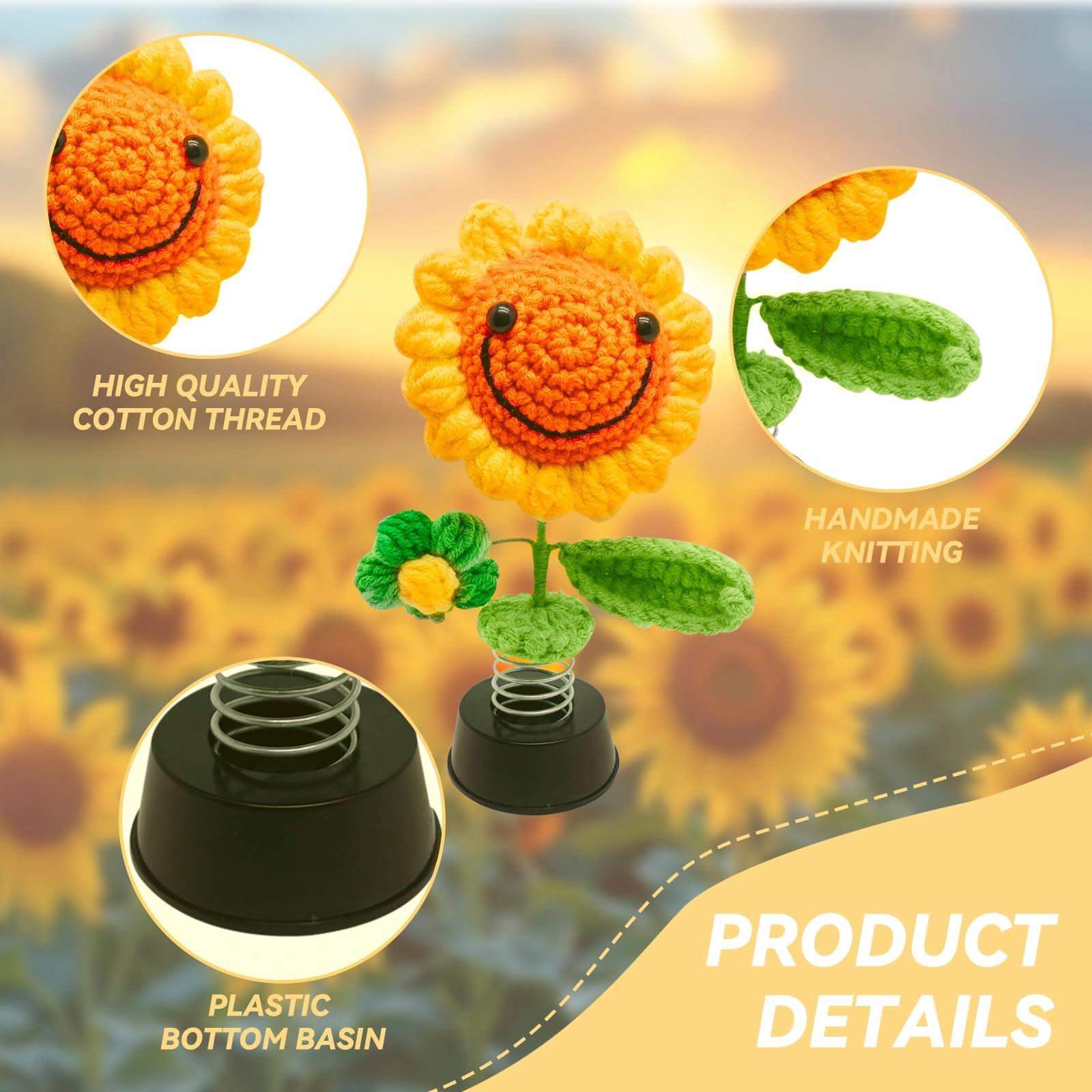 HSUYUN Décoration de voiture, tournesol tricoté, figurine de tête oscillante, décoration de tableau de bord, tournesol crochet, décoration de bureau, pour décoration, cadeau