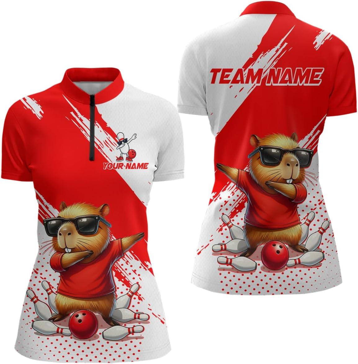 Funny Squirrel Bowling Shirts for Team Men Women Bowling Jerseys Red Bowling Polo and Quarter Zip Shirt for Couples