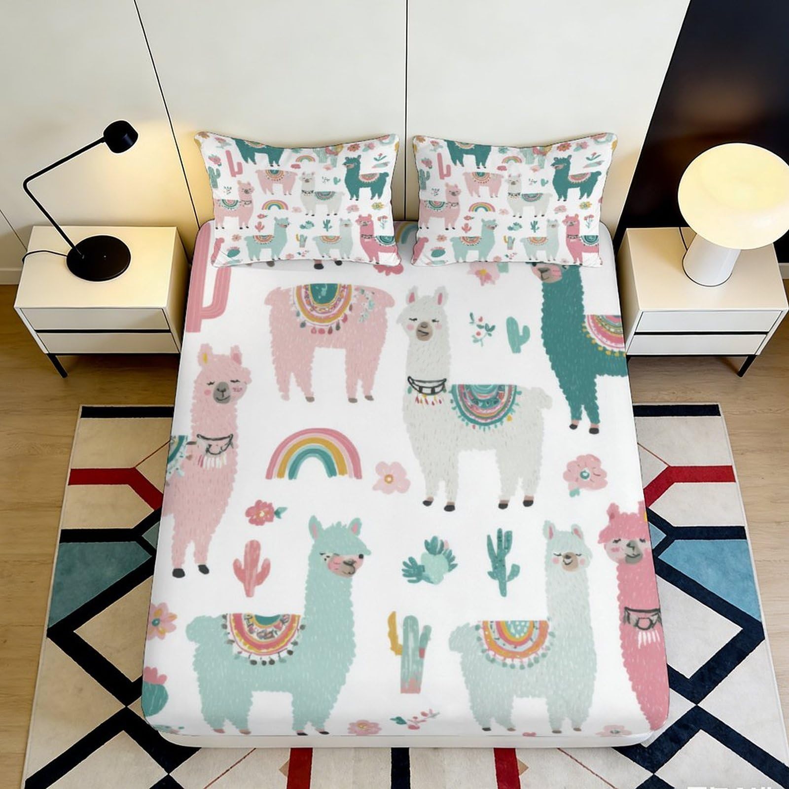 3D Printed Llama Rainbow Fitted Sheet Microfiber Soft Breathable Cactus Bed Cover for Bedroom Dorm Mattress Protection Decor 90x200x25cm