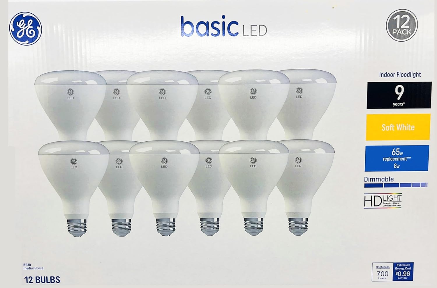 GE (12 Pack) Basic LED BR30 Indoor Floodlight, 8 watt, 650 Lumen (65 watt Equivalent), Soft White, HD Light, Dimmable