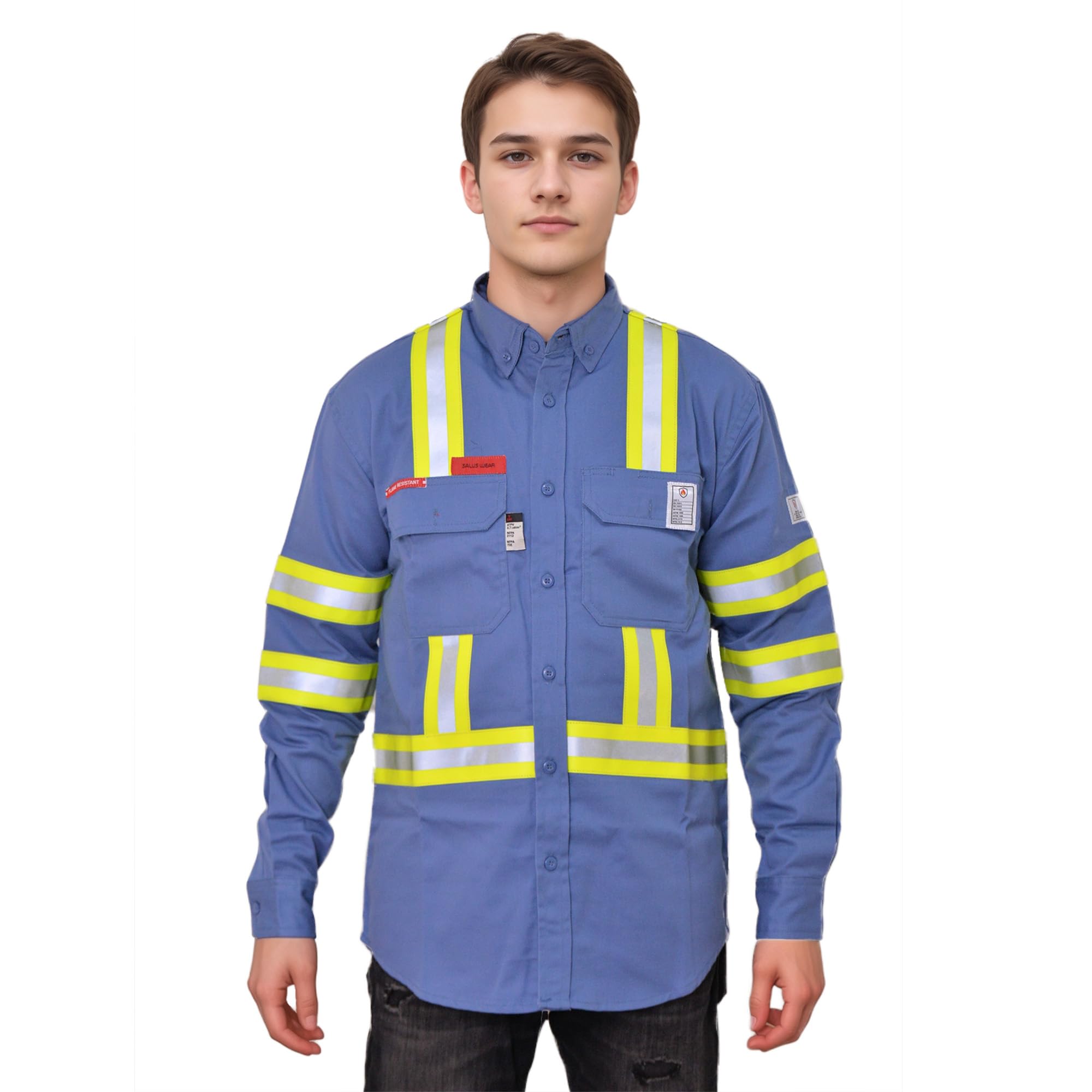 Small FR Shirt for Men Cat-2 Flame Resistant Shirt with High Visibility Reflective Tapes ATPV 8.7 Cal NFPA 70E Compliant