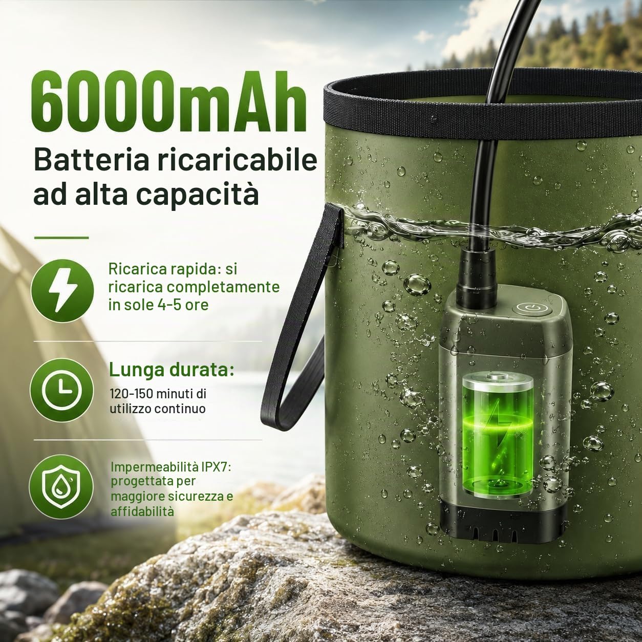 Romicta Doccia da Campeggio Portatile con Batteria Ricaricabile da 6000mAh e Display LED – Secchiello Pieghevole 4 Modalità di Spruzzo Pompa Impermeabile IPX7 Ideale per Trekking, Viaggi, Guida