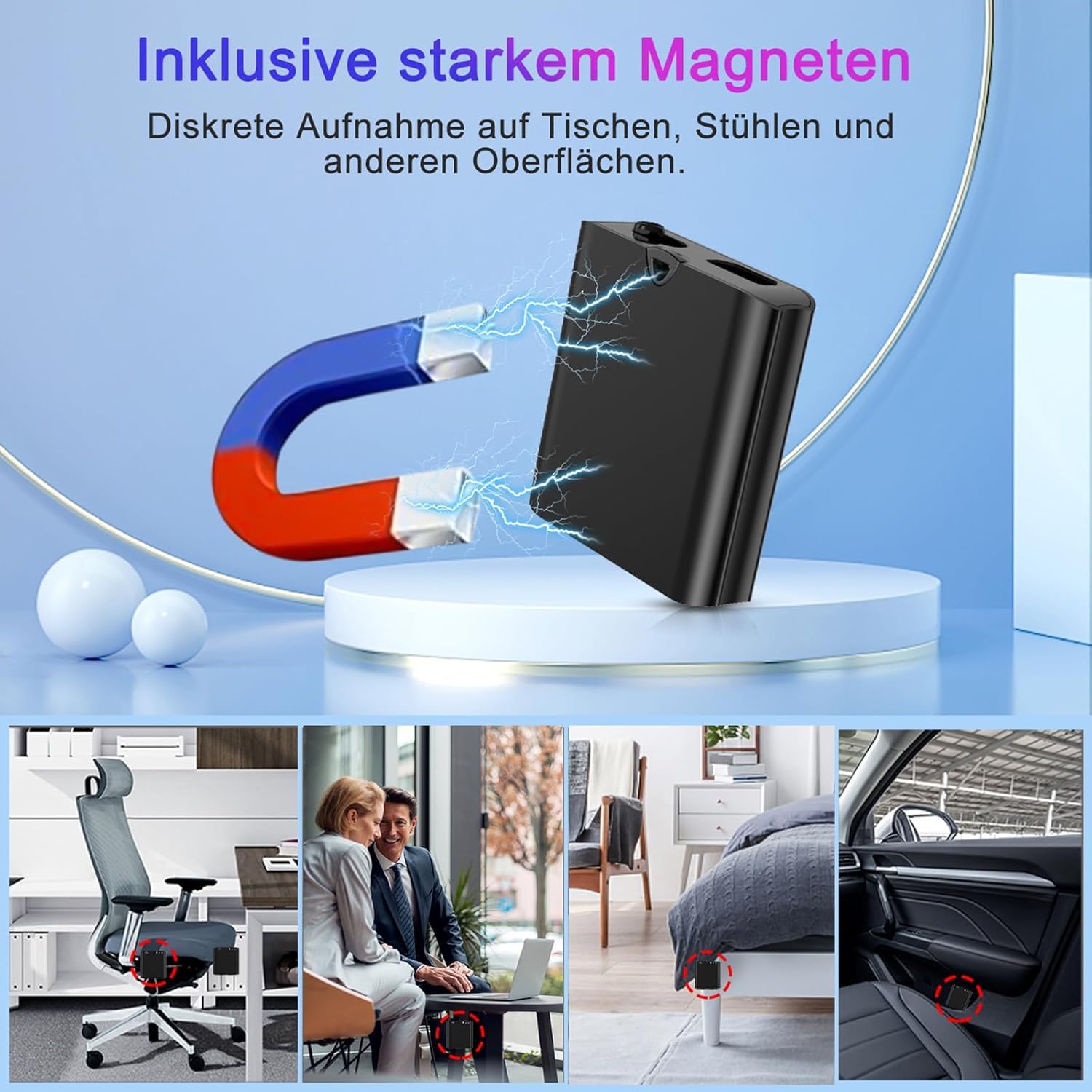 Mini Diktiergerät mit eingebautem Magnet, 16G Ultradünn nur 0,95cm, Sprachaktivierung & DSP-Rauschunterdrückung, One-Touch-Aufnahme, Tragbares Aufnahmegerät für Meetings, Interviews