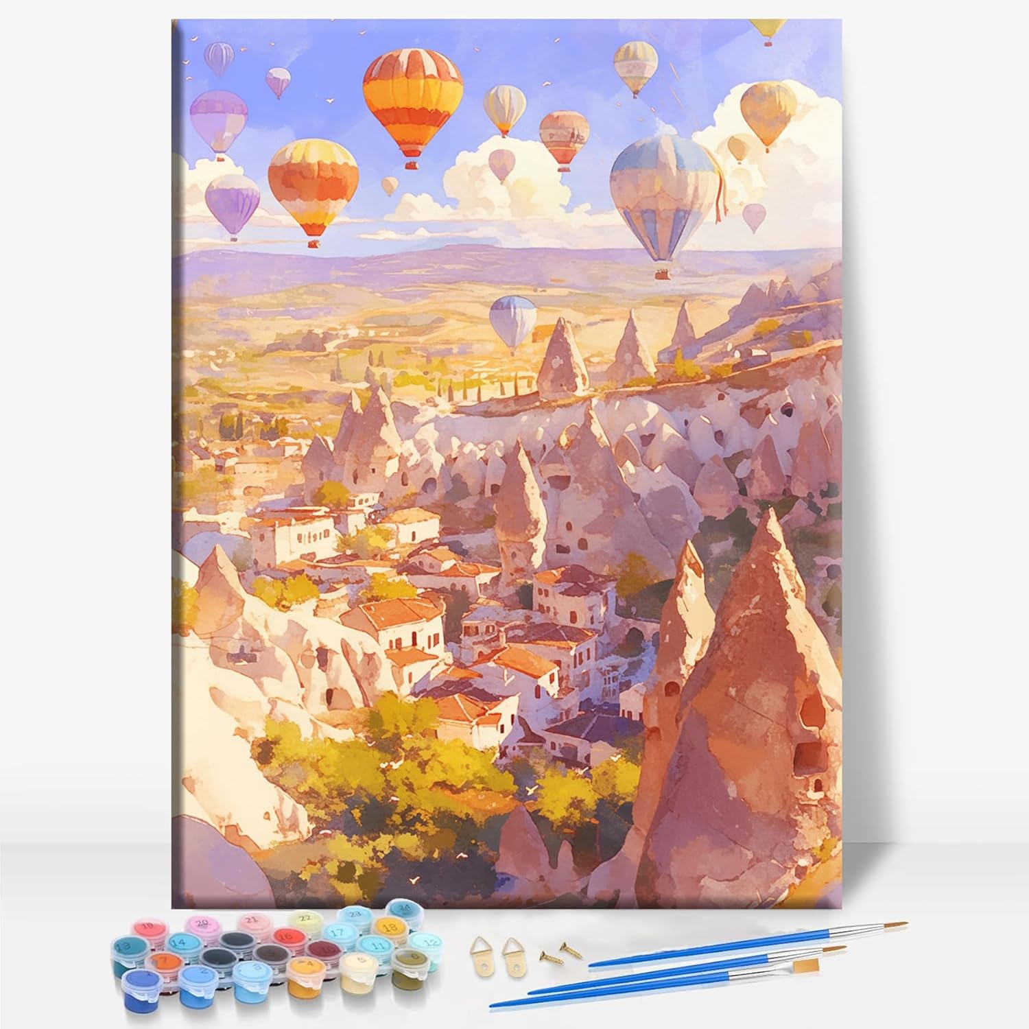 Aeontinity Cappadocia HOT AIR Balloon Ride Turkey Framed Canvas DIY Paint by Numbers Kit Bar Cafe Cave Home Room Wall Bathroom Porch Patio Decor Gift, 16 x 12 Inch