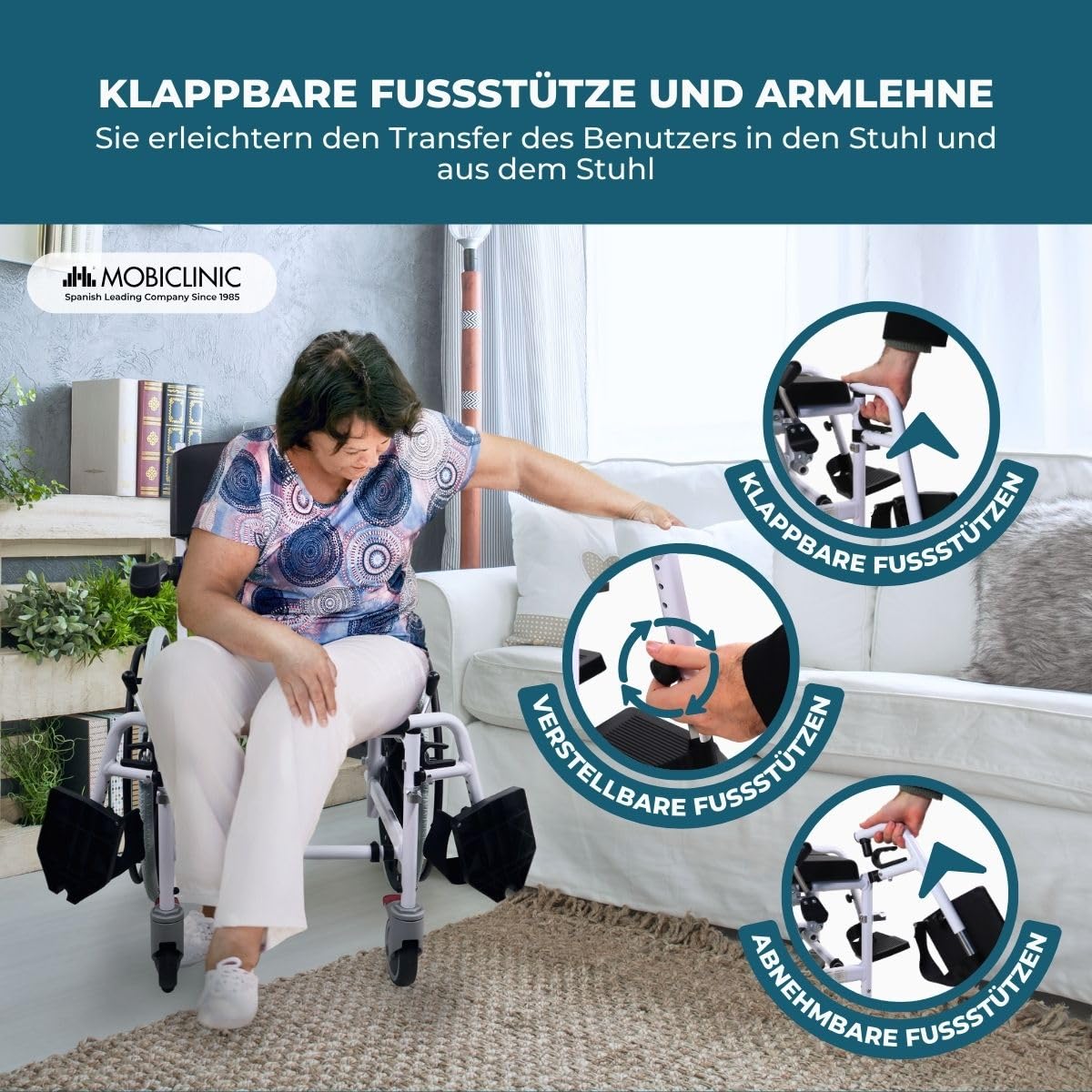 Mobiclinic®, Toilettenrollstuhl, Höhenverstellbar, Selbstfahrend, Calígula, Klappbare Fußstütze und Armlehnen, Mit Abnehmbarer Schüssel, Bremse an den Rädern, Aluminium
