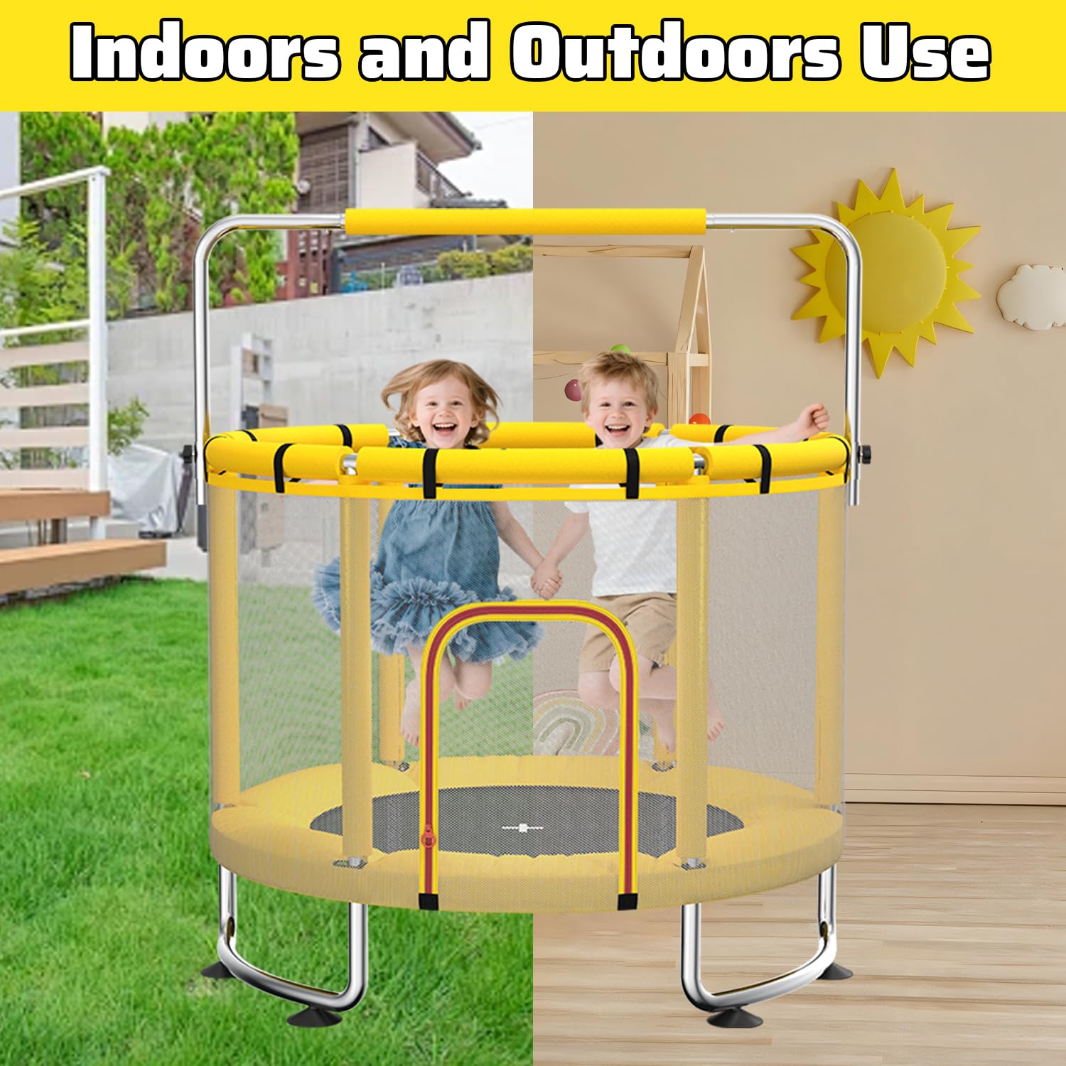 MaxBinTon Trampoline pour Enfants 140 cm intérieur/extérieur – Charge maximale 50 kg avec Filet de sécurité, Barre de Gymnastique réglable et Panier de Basket, Cadeau pour garçons et Filles - 2