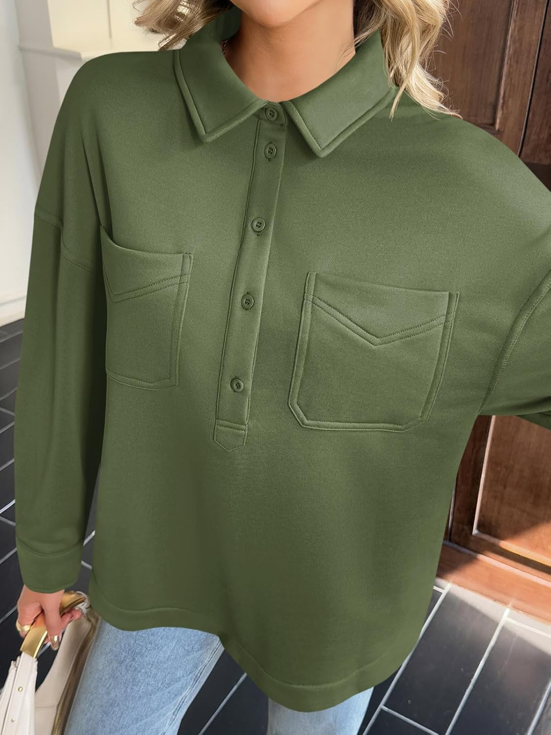 Fisoew Womens Oversized Sweatshirt Casual Long Sleeve Henley V Neck Pullover Tops Fall Outfits Clothes - Image 6