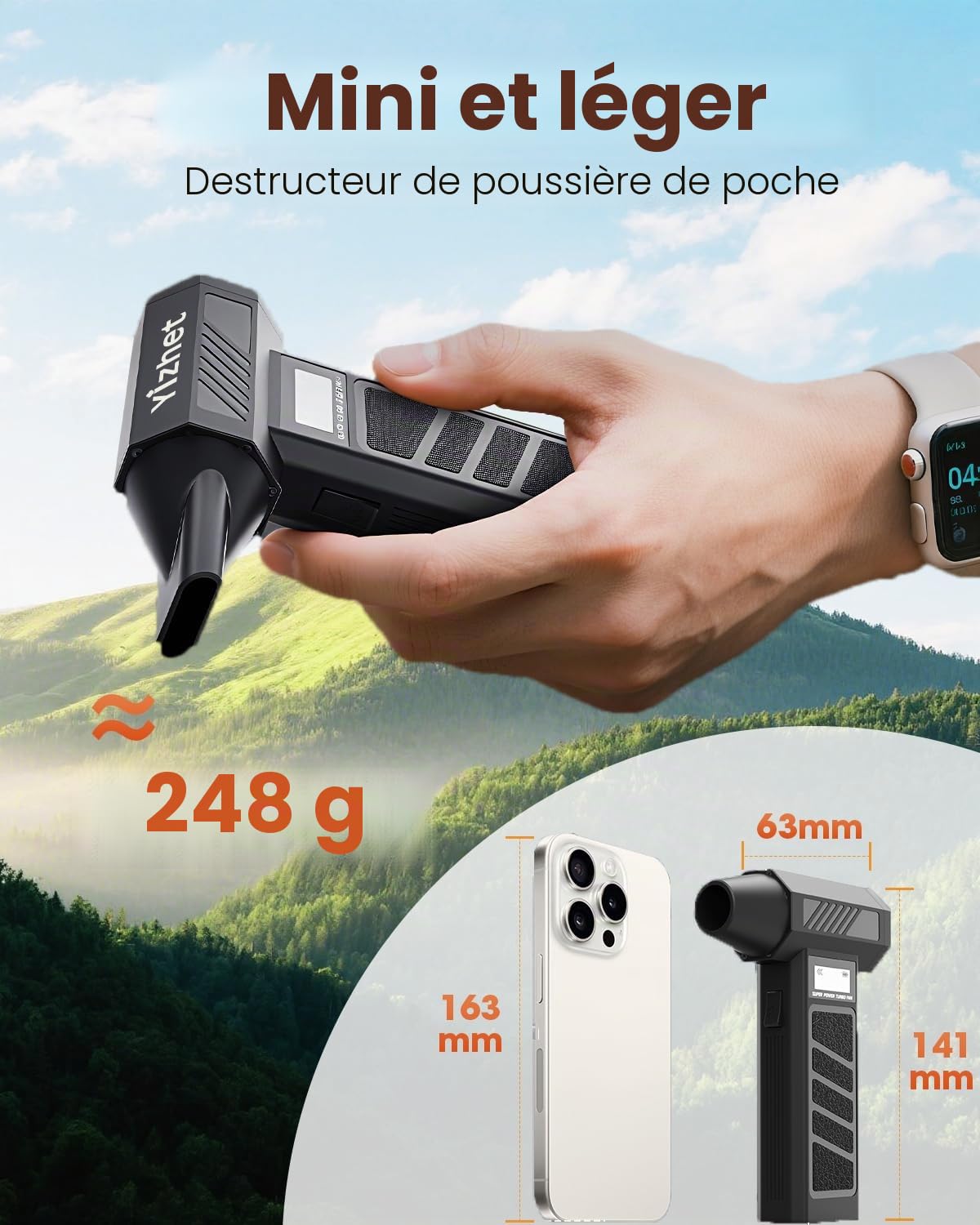 Yizhet Souffleur Air Comprimé avec Lumière LED et écran LED 130000RPM 4 Vitesses de Mini Souffleur Sans Fil Puissant et Portable pour PC,Clavier,Voiture,Extérieur,Maison