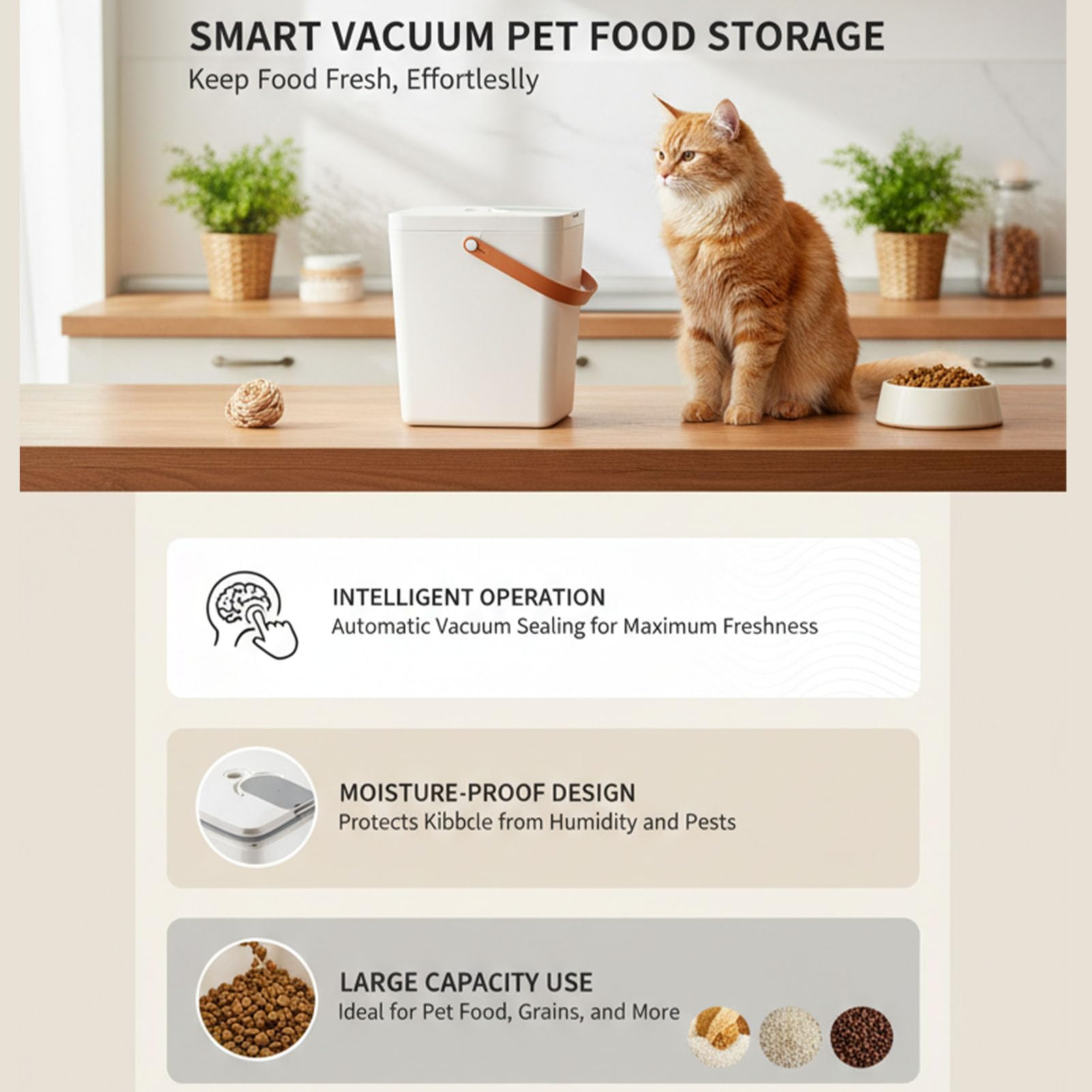 Contenedor de Almacenamiento de Alimentos para Mascotas Sellado Al Vacío, Cubo Hermético de 13 Litros para Alimentos Secos para Gatos y Perros con Batería Recargable, Tecnología