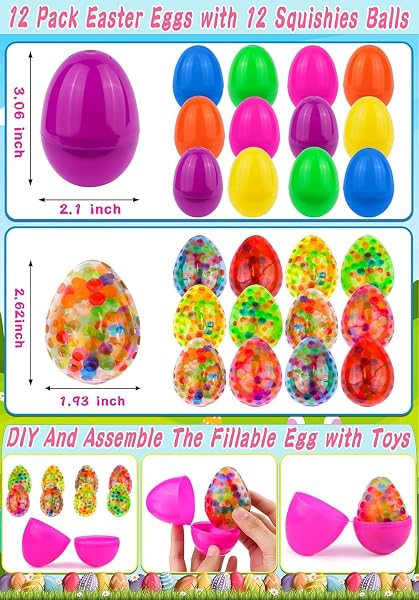 Prefilled Easter Eggs, 12 Pack Light up Fidget Stress Balls Easter Basket Stuffers Glow in The Dark Squeeze Balls Toys for Kids - 2