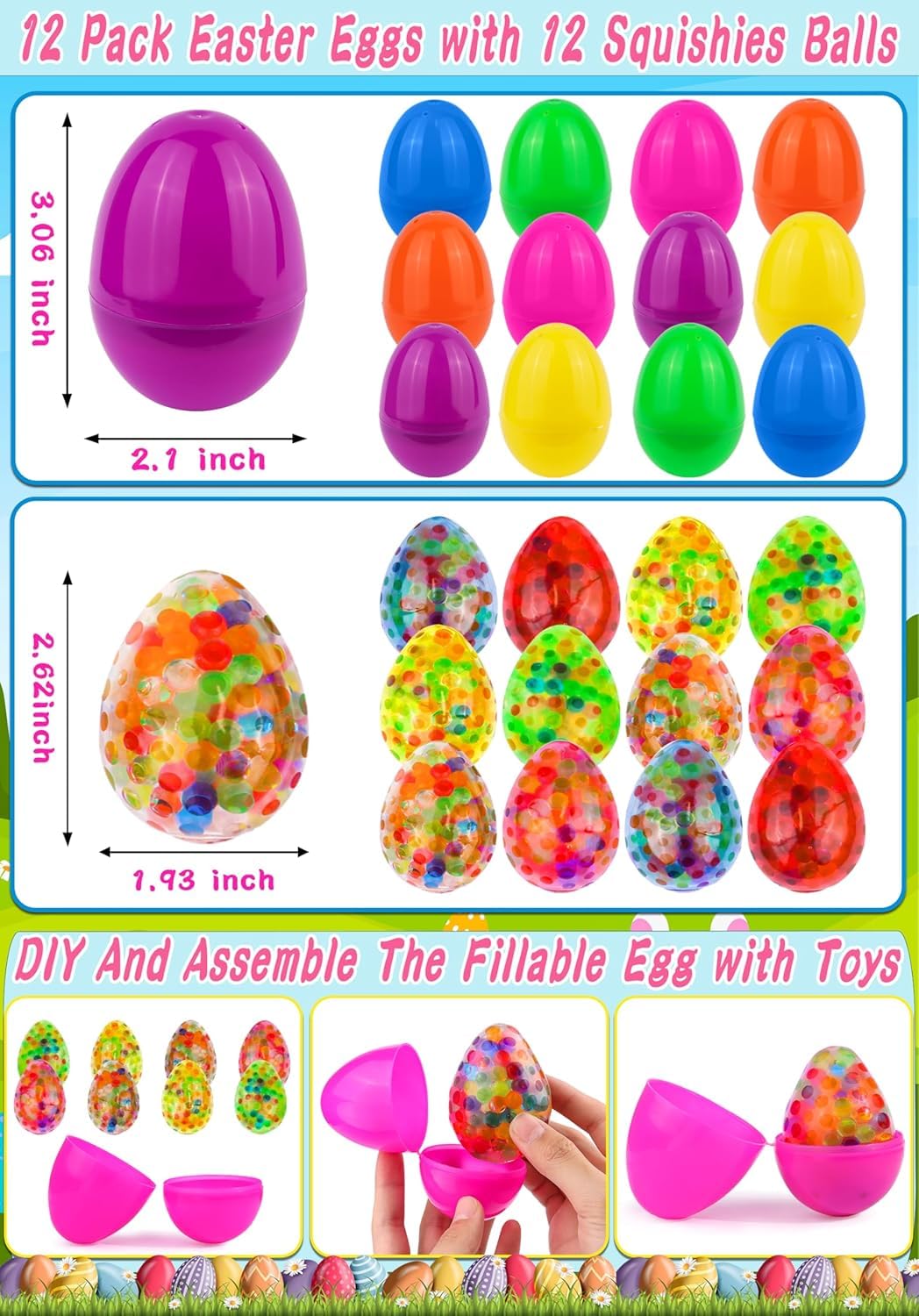 Prefilled Easter Eggs, 12 Pack Light up Fidget Stress Balls Easter Basket Stuffers Glow in The Dark Squeeze Balls Toys for Kids — view 2